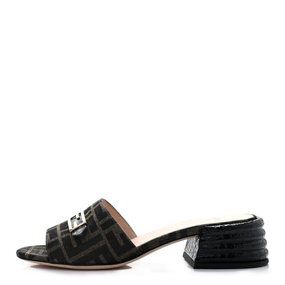 Fendi Jacquard Calfskin FF Crocodile Embossed Promenade Slide Sandals 38 Tobacco Moro Black 1 of 7