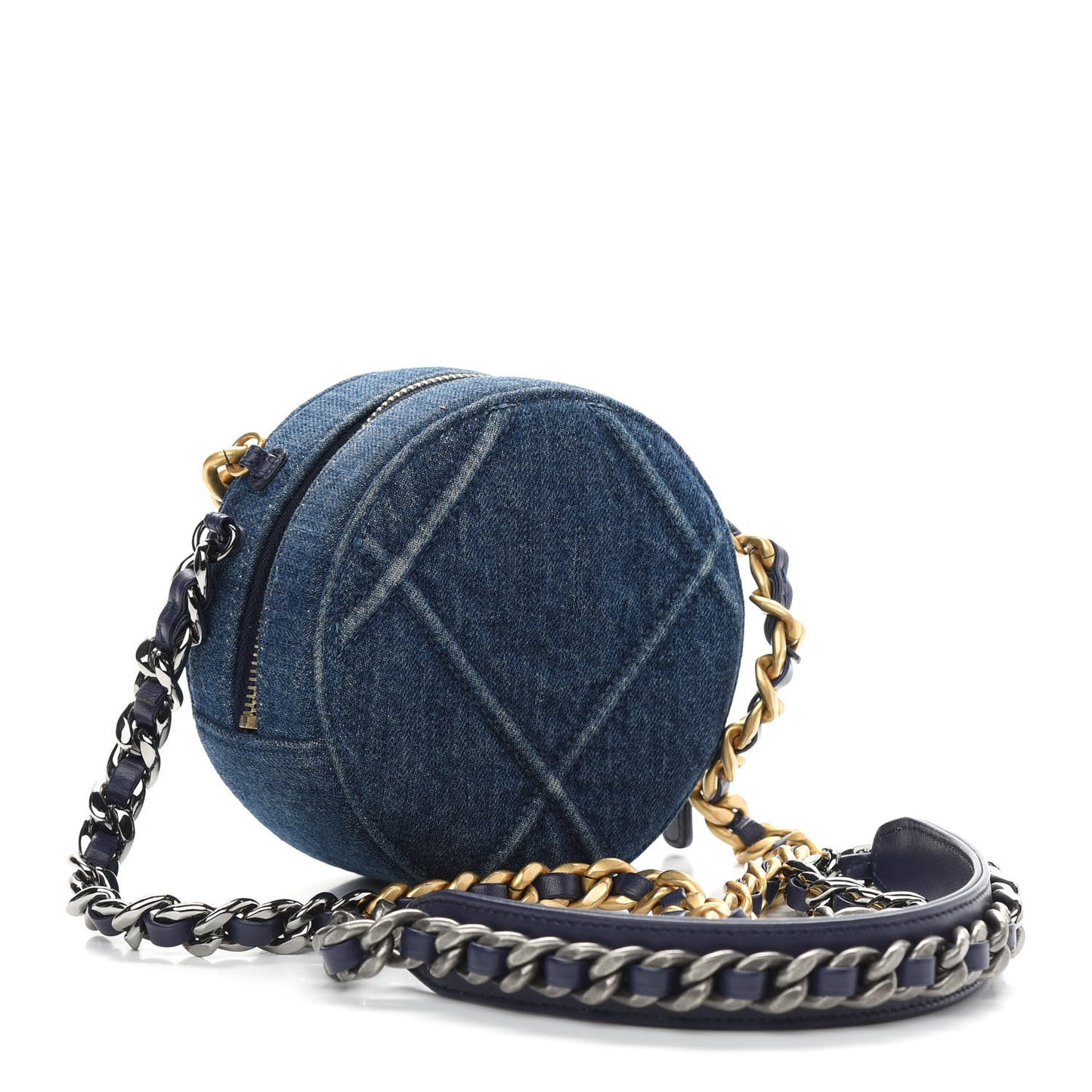 Denim Quilted Chanel 19 Round Clutch With Chain Blue