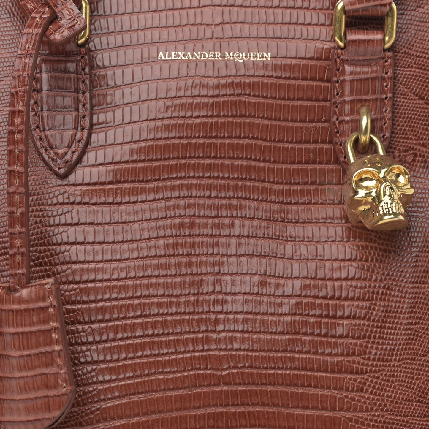 Calfskin Lizard Embossed Small Skull Padlock Zip Around Tote Brown