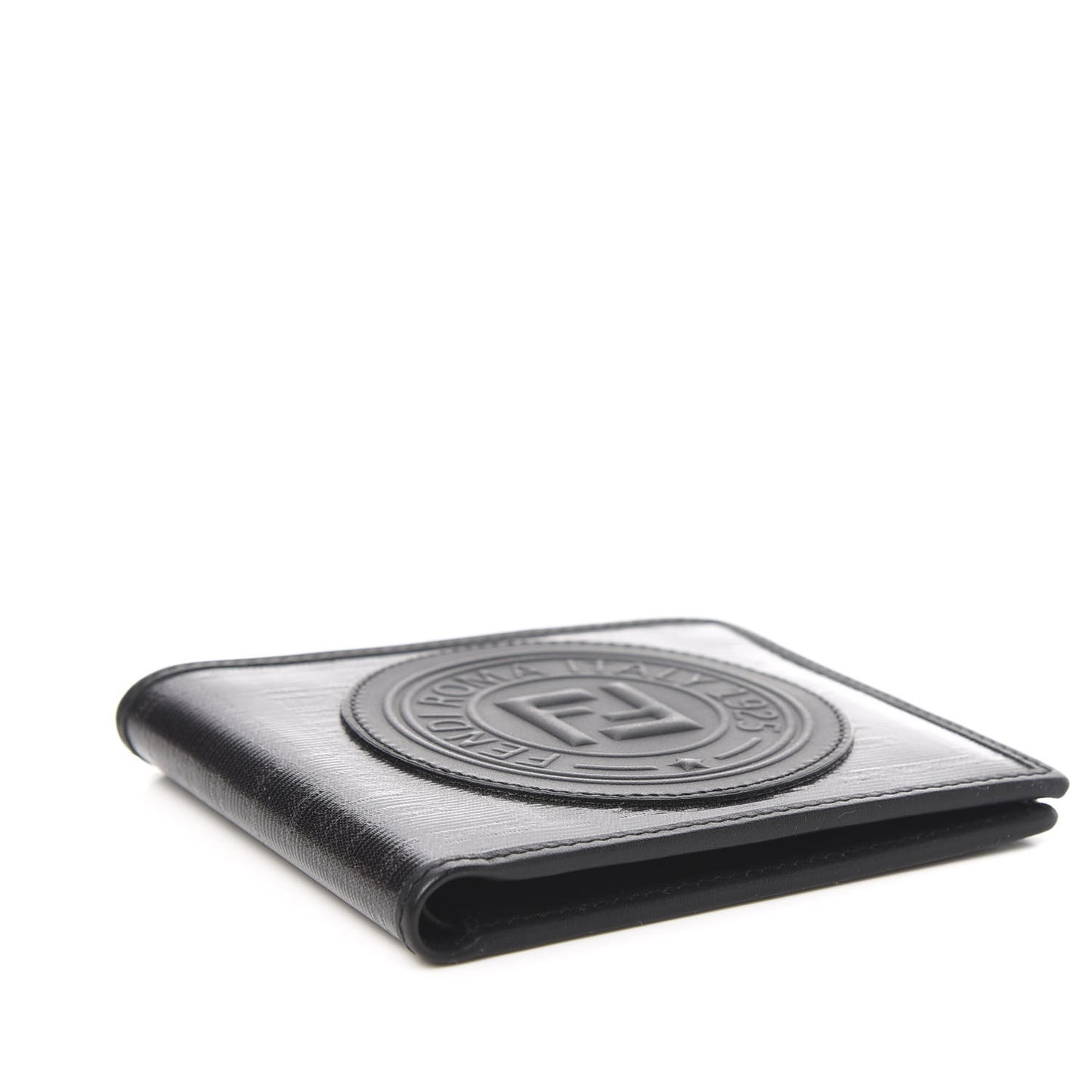 Glazed Fabric Vitello Century FF 1974 Stamp Patch Mens Bi-Fold Wallet Black