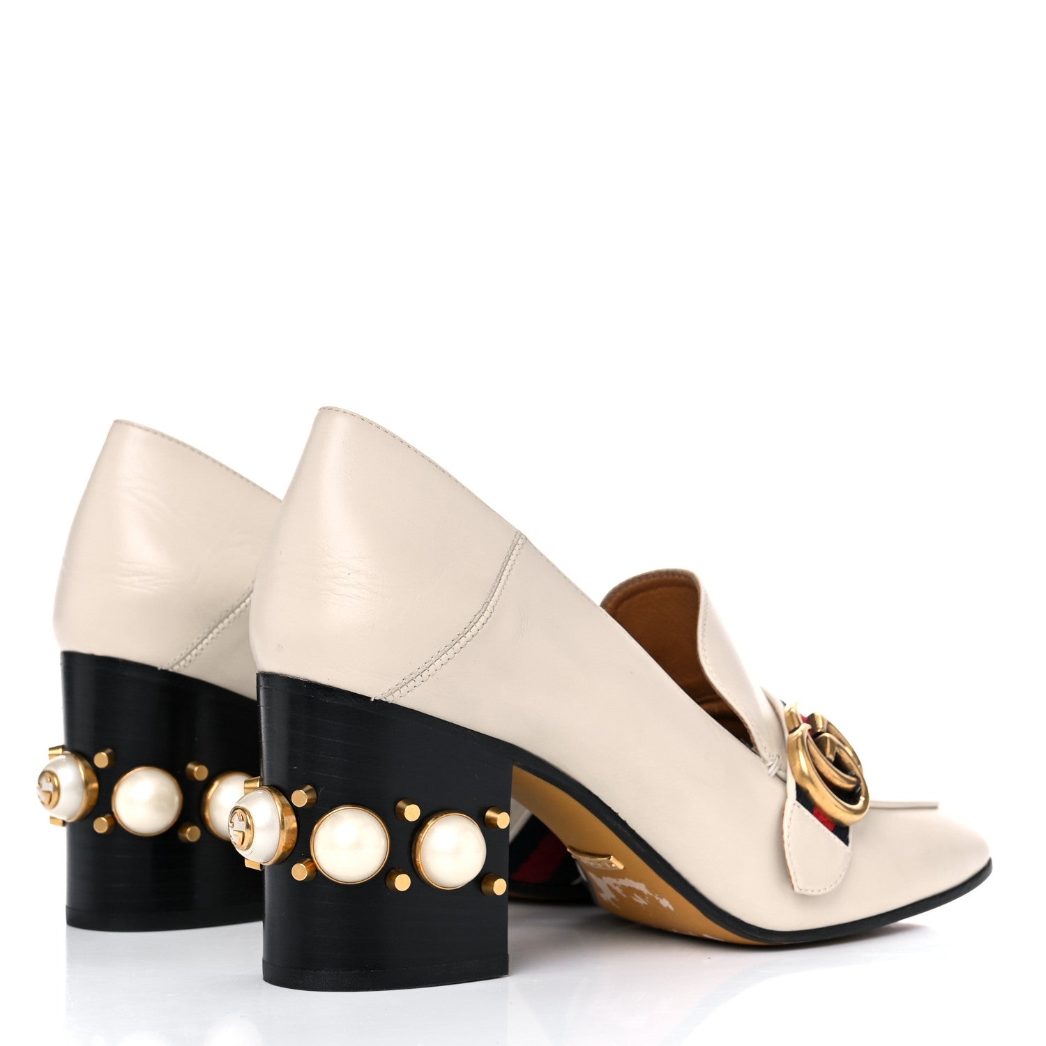Gucci Betis Glamour Calfskin Web Pearl Embellished Peyton 75mm Loafer Pumps 39.5 Mystic White 4 of 17