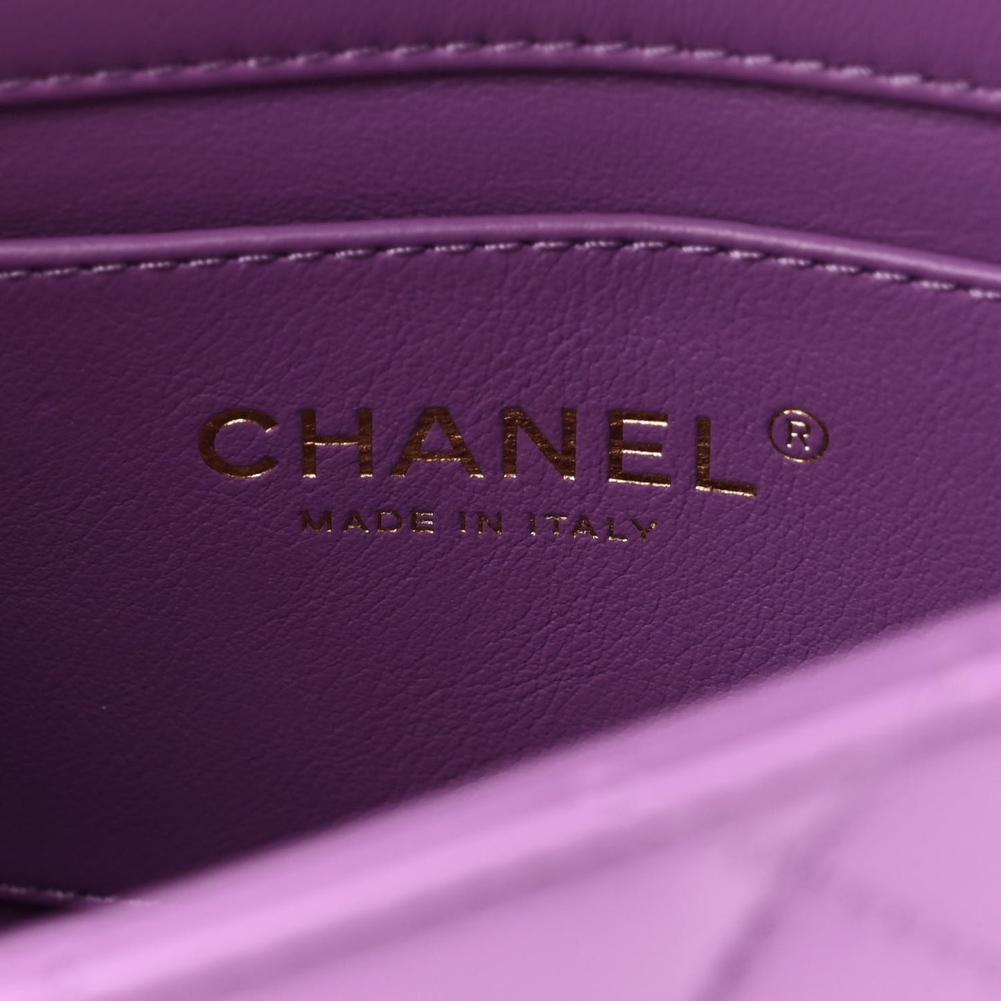 Lambskin Enamel Quilted Mini Pending CC Square Flap Purple