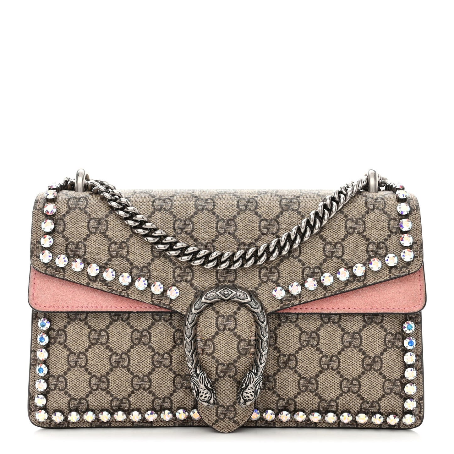 GG Supreme Monogram Suede Crystal Small Dionysus Shoulder Bag Beige Ebony Light Peonia