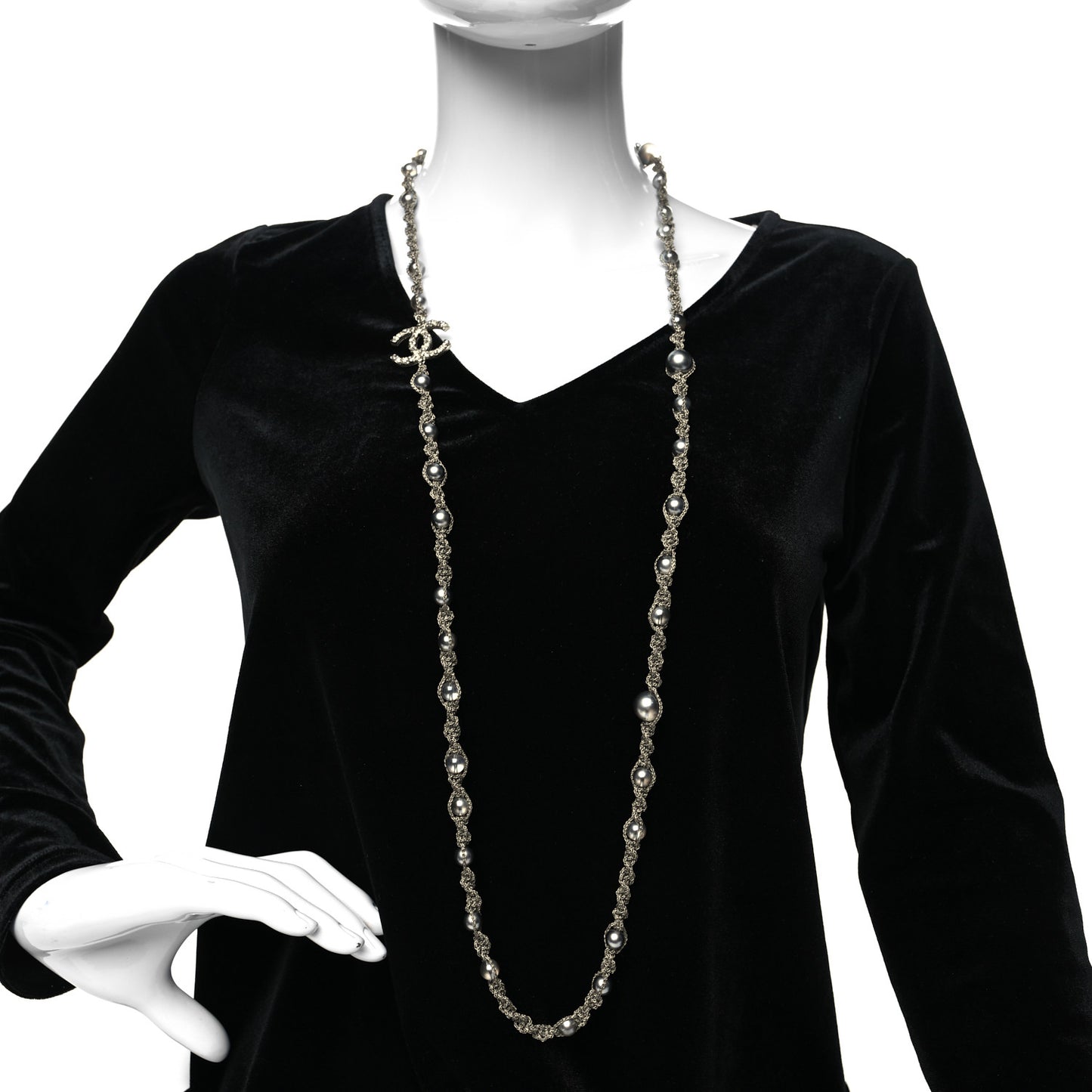 Pearl Bead CC Long Necklace Silver Grey