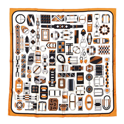 Hermes Silk Carré en Boucles Scarf 90 Créme Orange Marron 1 of 4