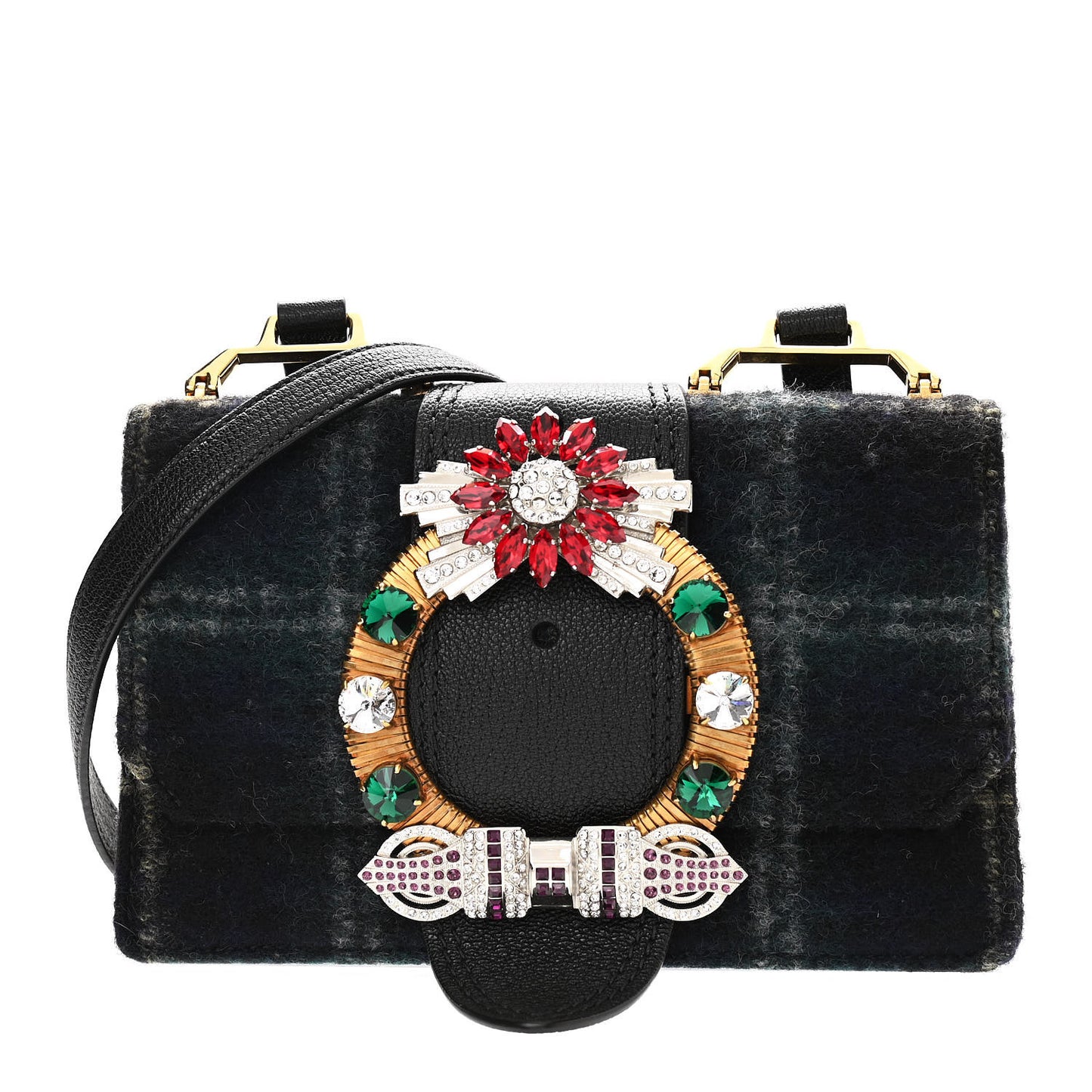 Wool Plaid Crystal Embellished Shoulder Bag Blue