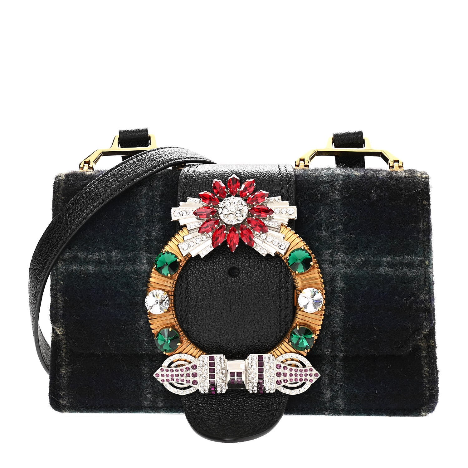 Miu Miu Wool Plaid Crystal Embellished Shoulder Bag Blue 1 of 11
