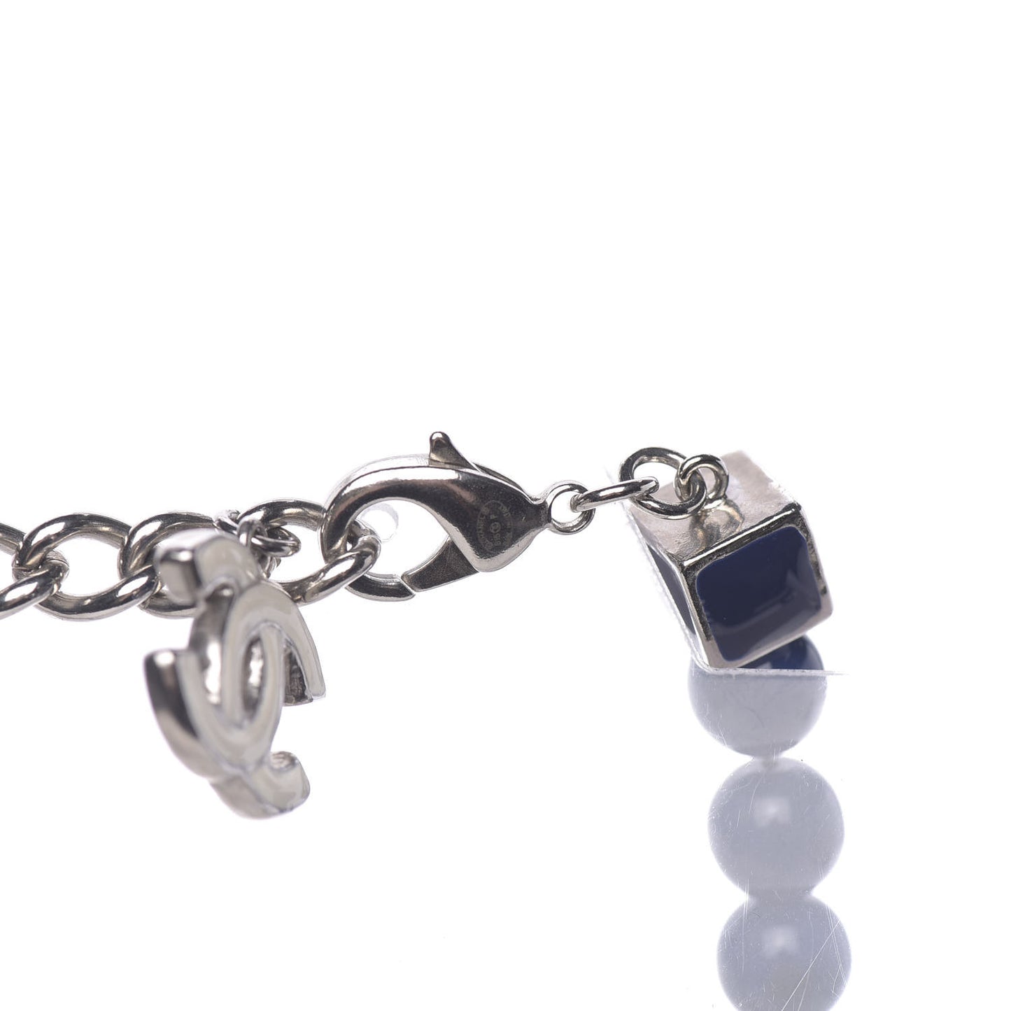 Pearl Beaded Enamel CC Long Necklace Navy Silver