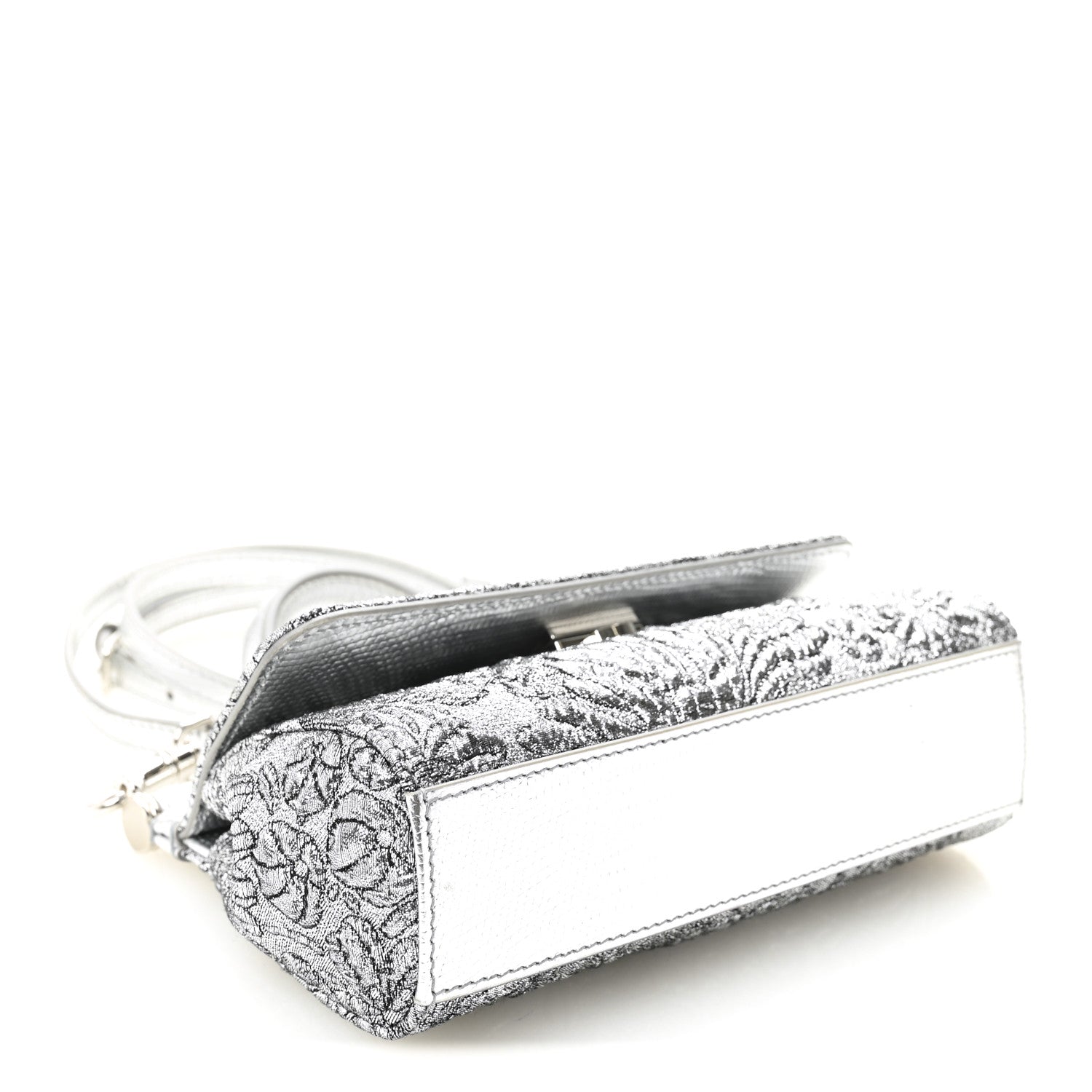 Dolce & Gabbana Brocade Fabric Lizard Calfskin Embossed Small Miss Sicily Satchel Silver 7 of 19