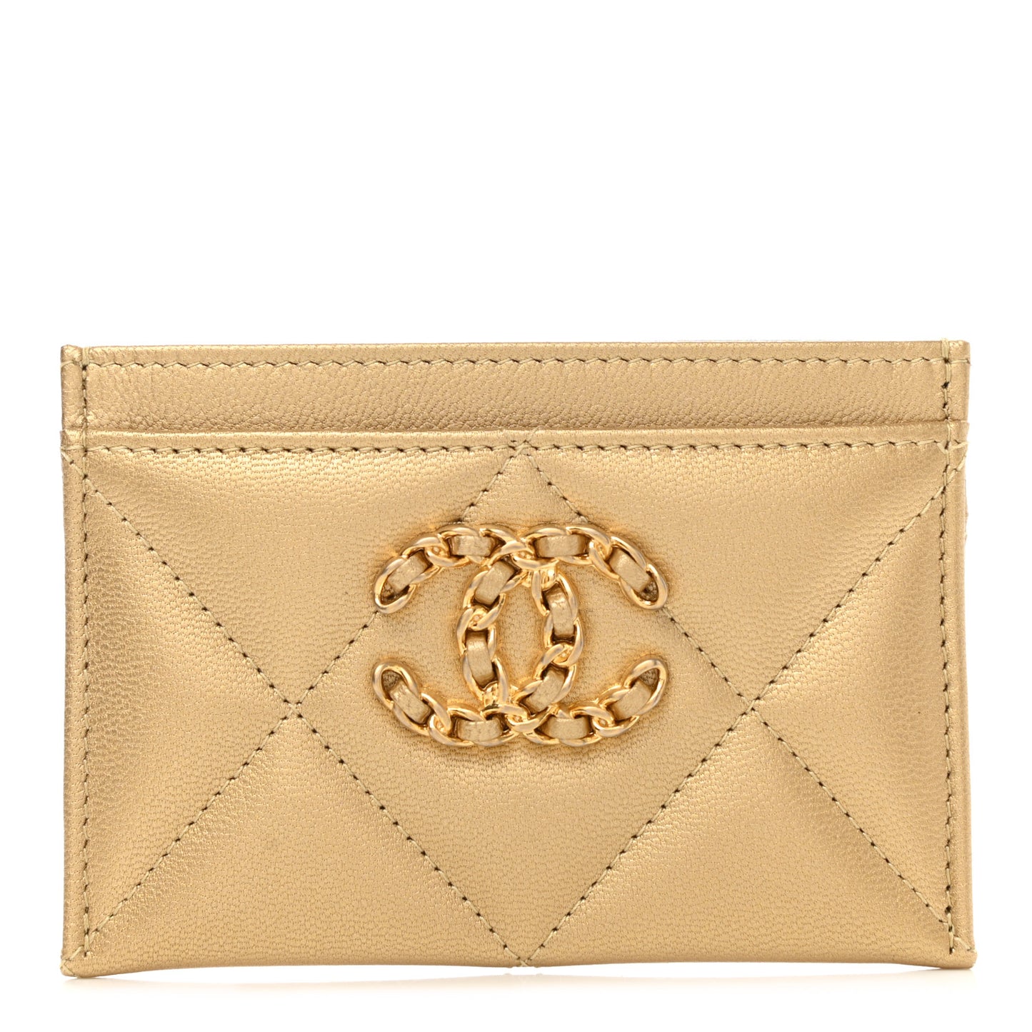 Metallic Goatskin Quilted Chanel 19 Card Holder Gold