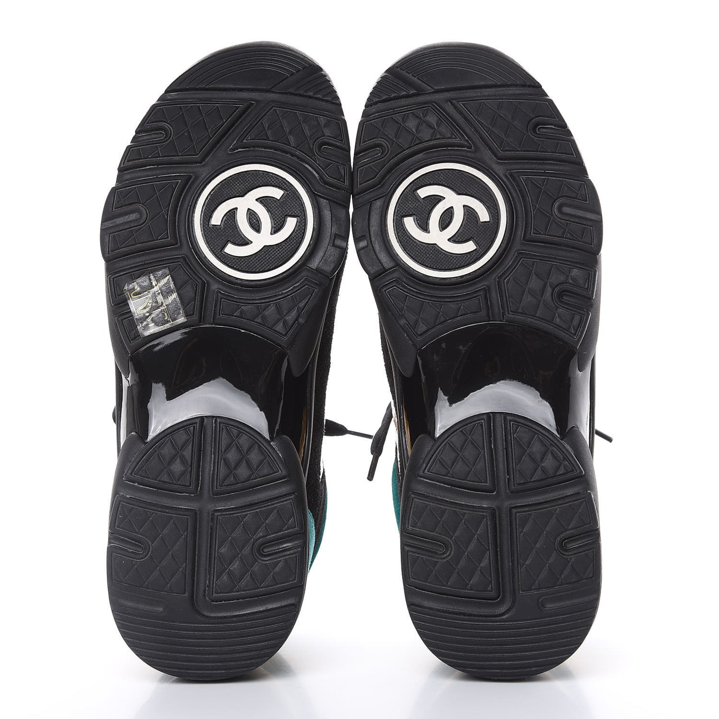 Fabric Calfskin Suede CC Womens Sneakers 38.5 Black Turquoise Gold