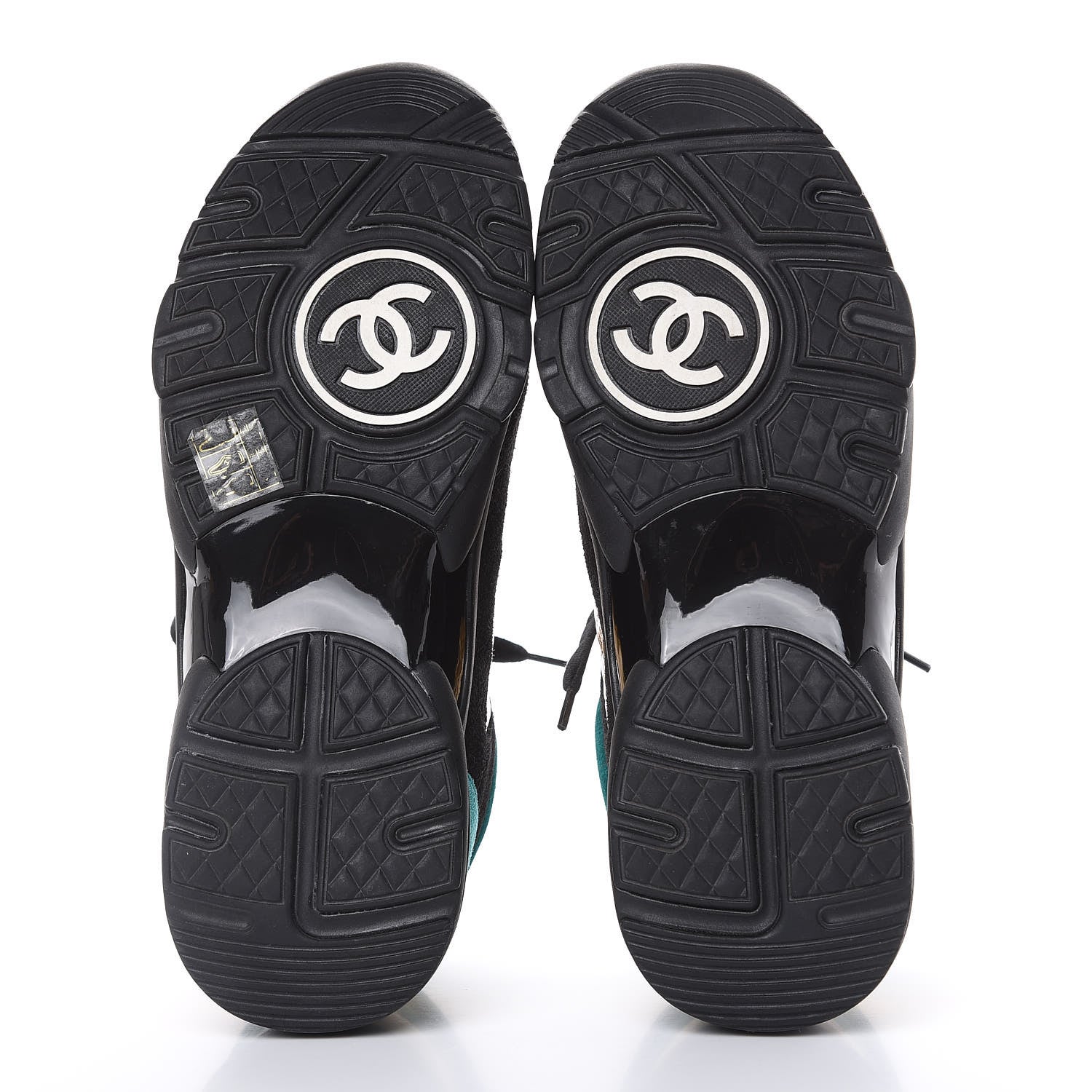 Chanel Fabric Calfskin Suede CC Womens Sneakers 38.5 Black Turquoise Gold 5 of 8