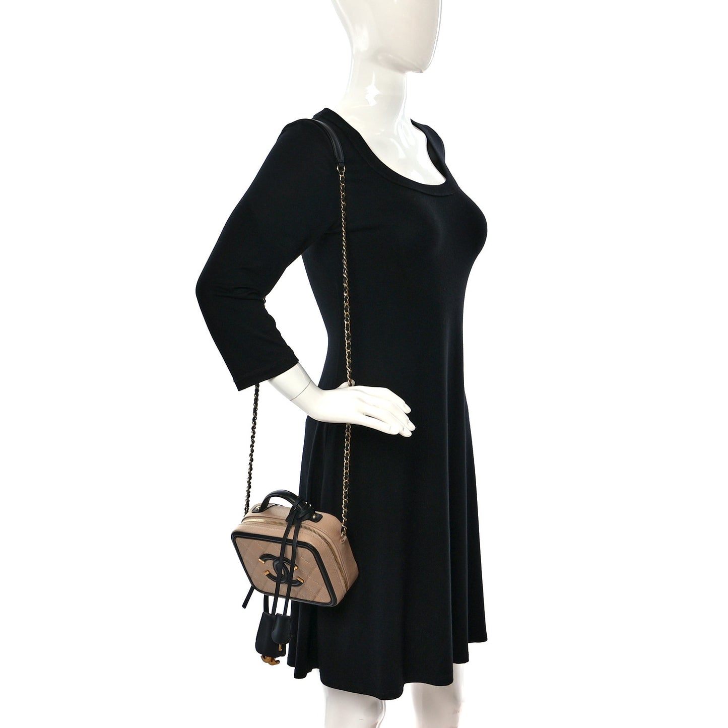 Caviar Quilted Small CC Filigree Vanity Case Beige Black