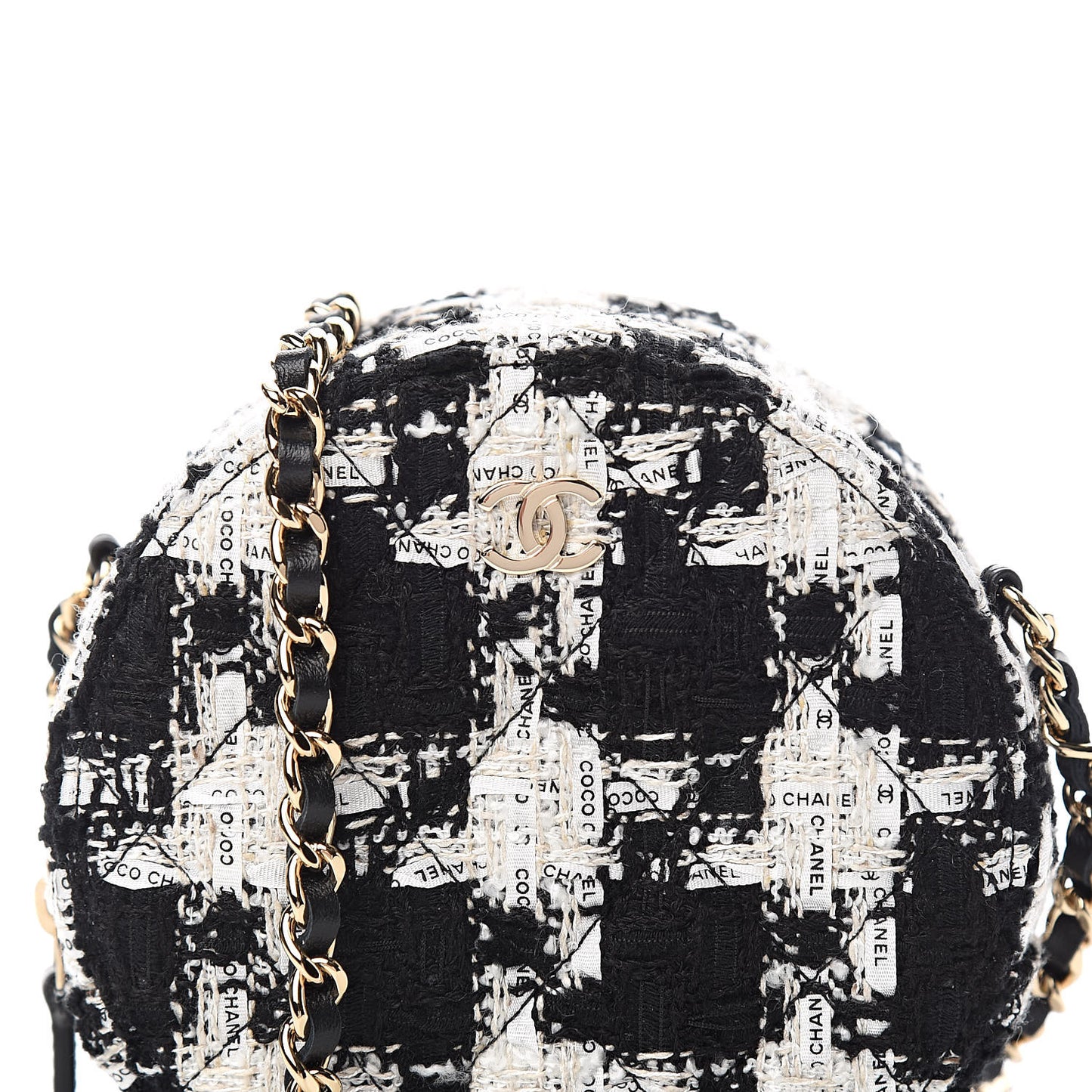 Tweed Round Clutch With Chain Black White