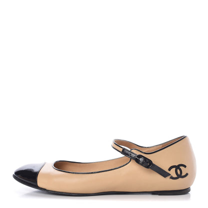 Chanel Lambskin Cap Toe Flats 38 Beige Black 1 of 11