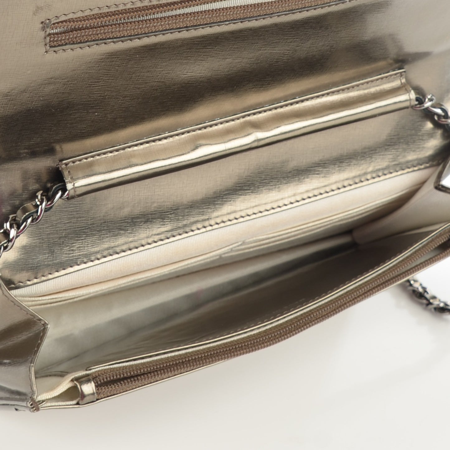 Metallic Calfskin Timeless CC Wallet on Chain WOC Bronze