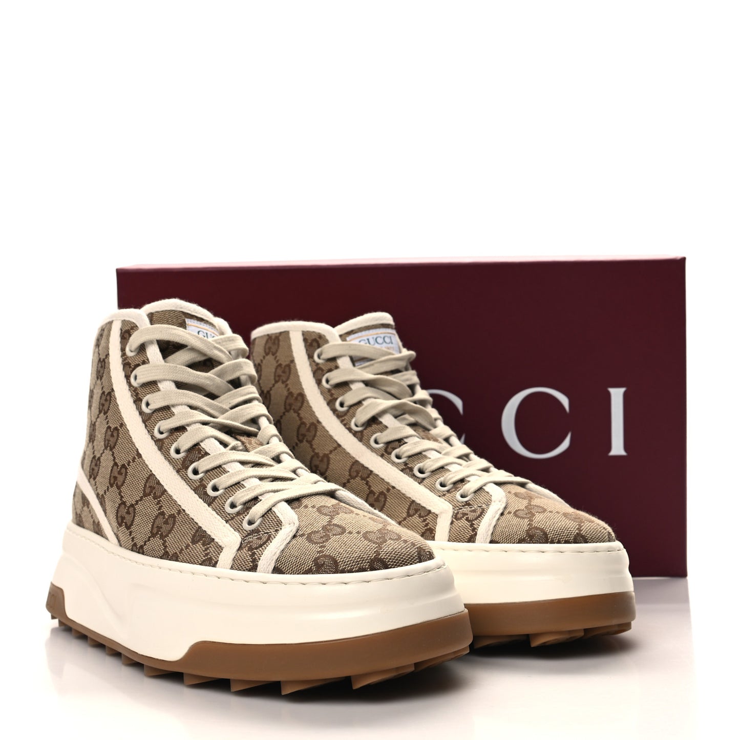 GG Monogram Mens 1977 Tennis High Top Platform 55mm Sneakers 6 Beige Ebony Mystic White
