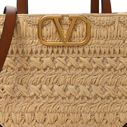 Valentino Garavani Raffia Calfskin Small Vlogo Signature Tote Natural Saddle Brown 7 of 9