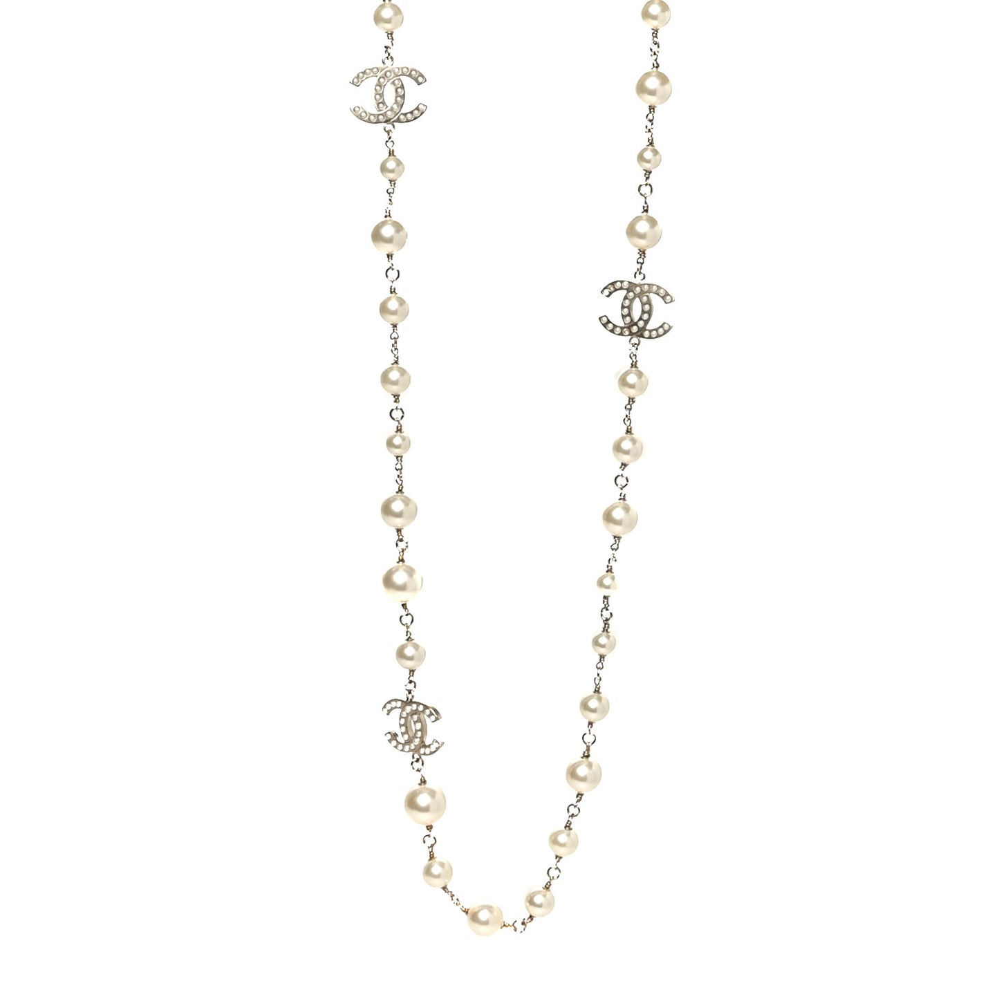 Crystal Pearl CC Long Necklace Gold