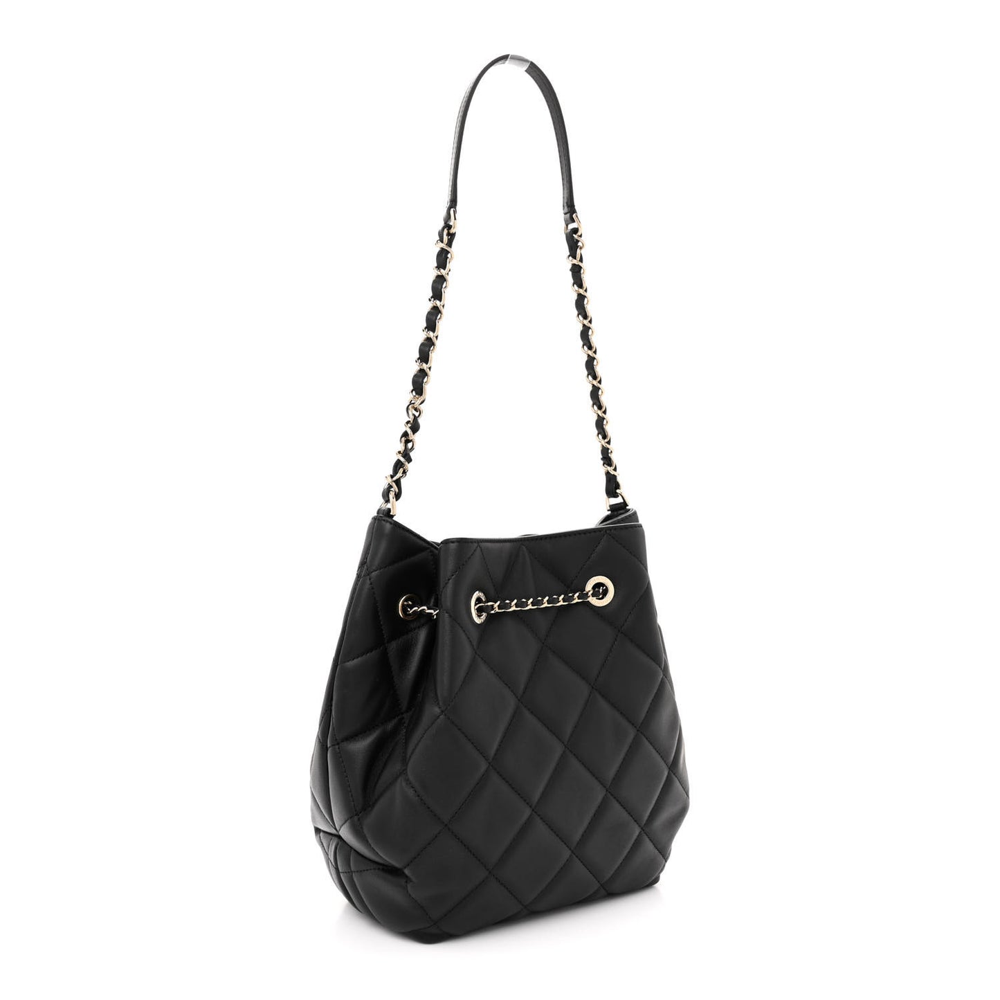 Lambskin Quilted Large CC Drawstring Bag Black