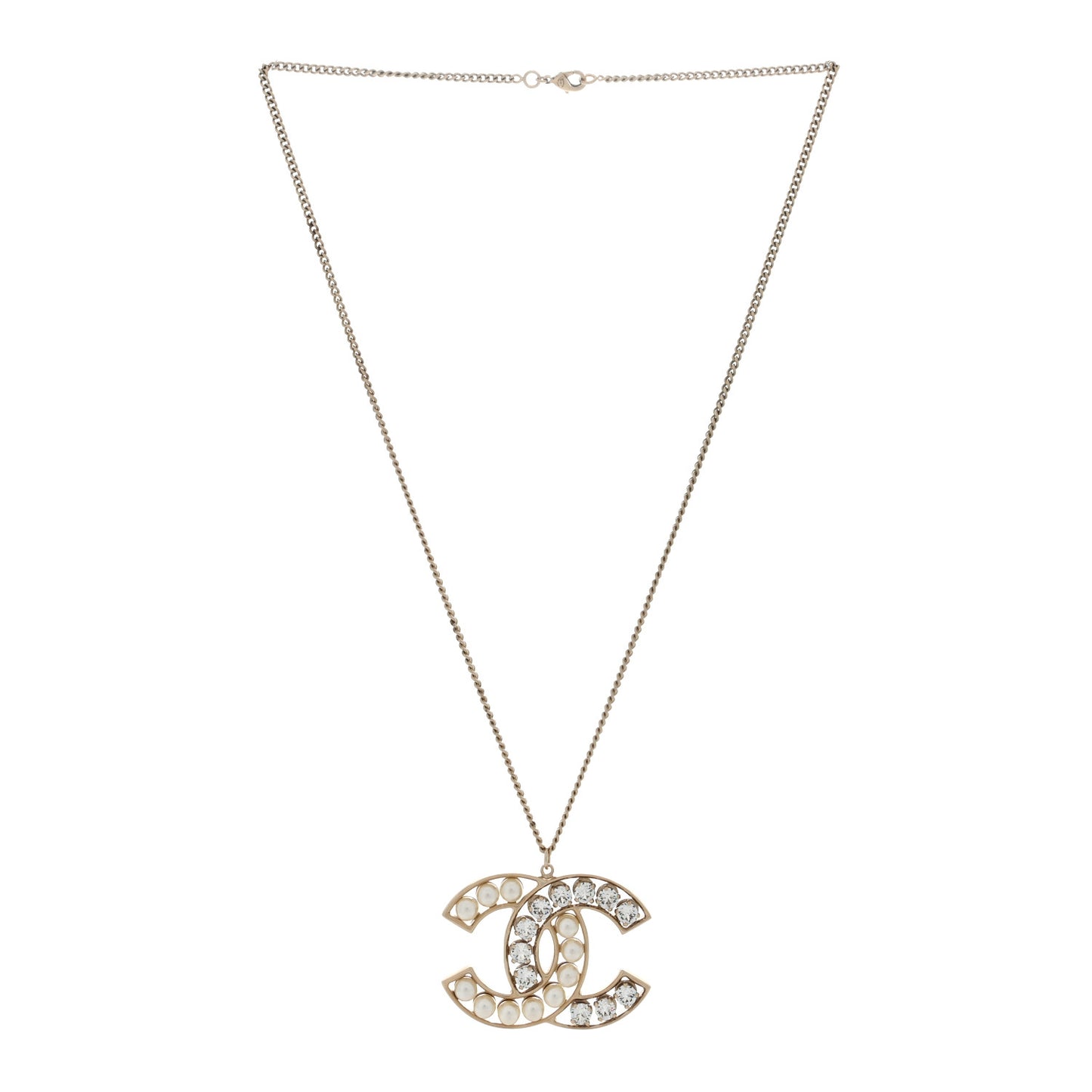 Pearl Crystal CC Pendant Necklace Gold