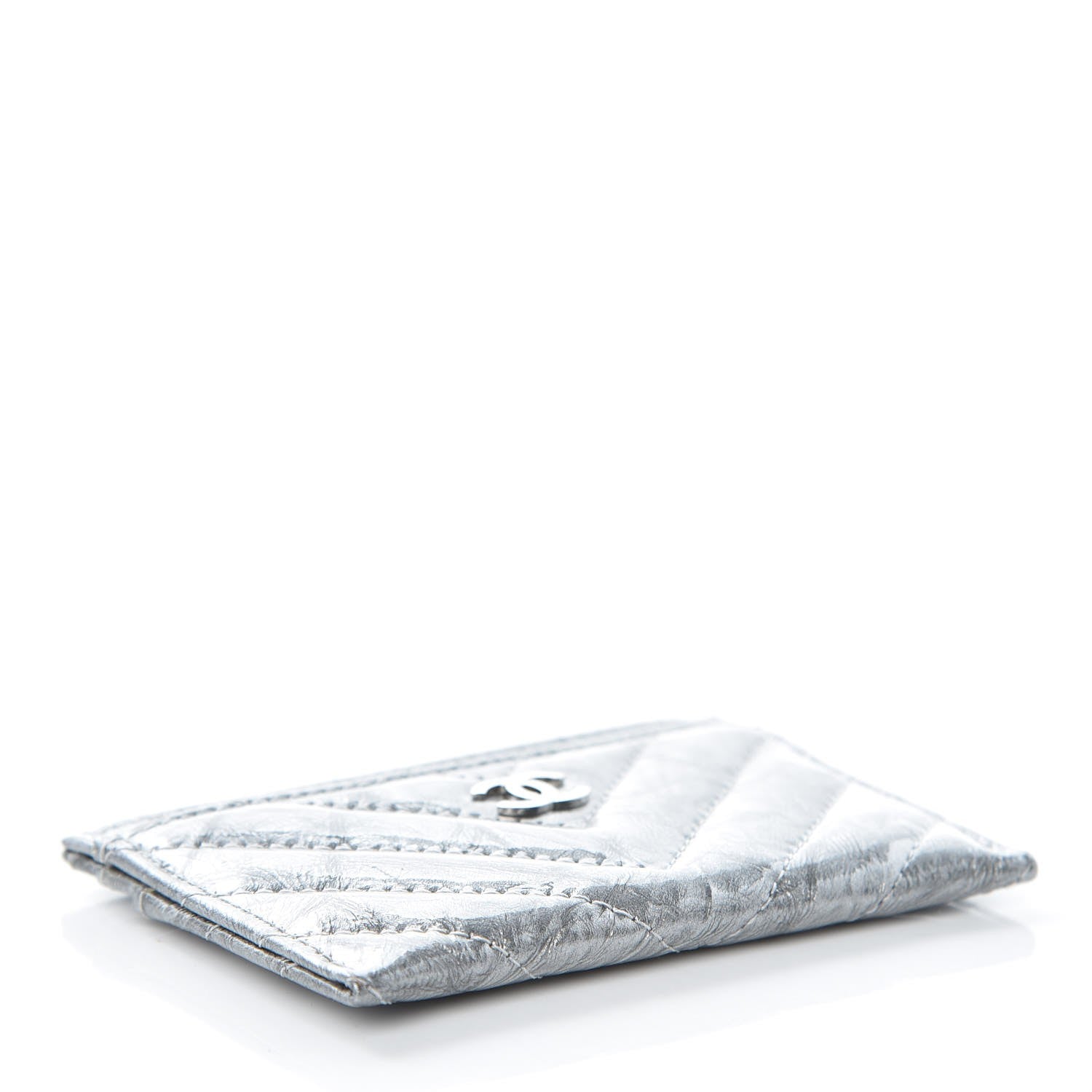 Chanel Patent Metallic Crumpled Calfskin Chevron Quilted Card Holder Silver 4 of 9