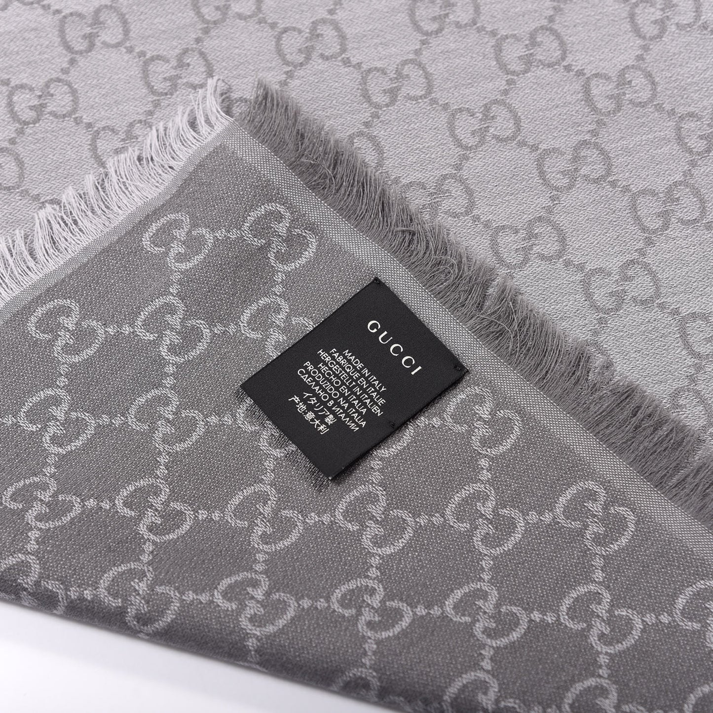 Wool Silk Monogram GGWeb Fringe Shawl Pearl Medium Grey