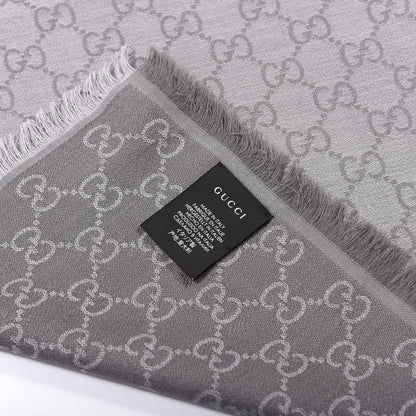 Gucci Wool Silk Monogram GGWeb Fringe Shawl Pearl Medium Grey 3 of 4