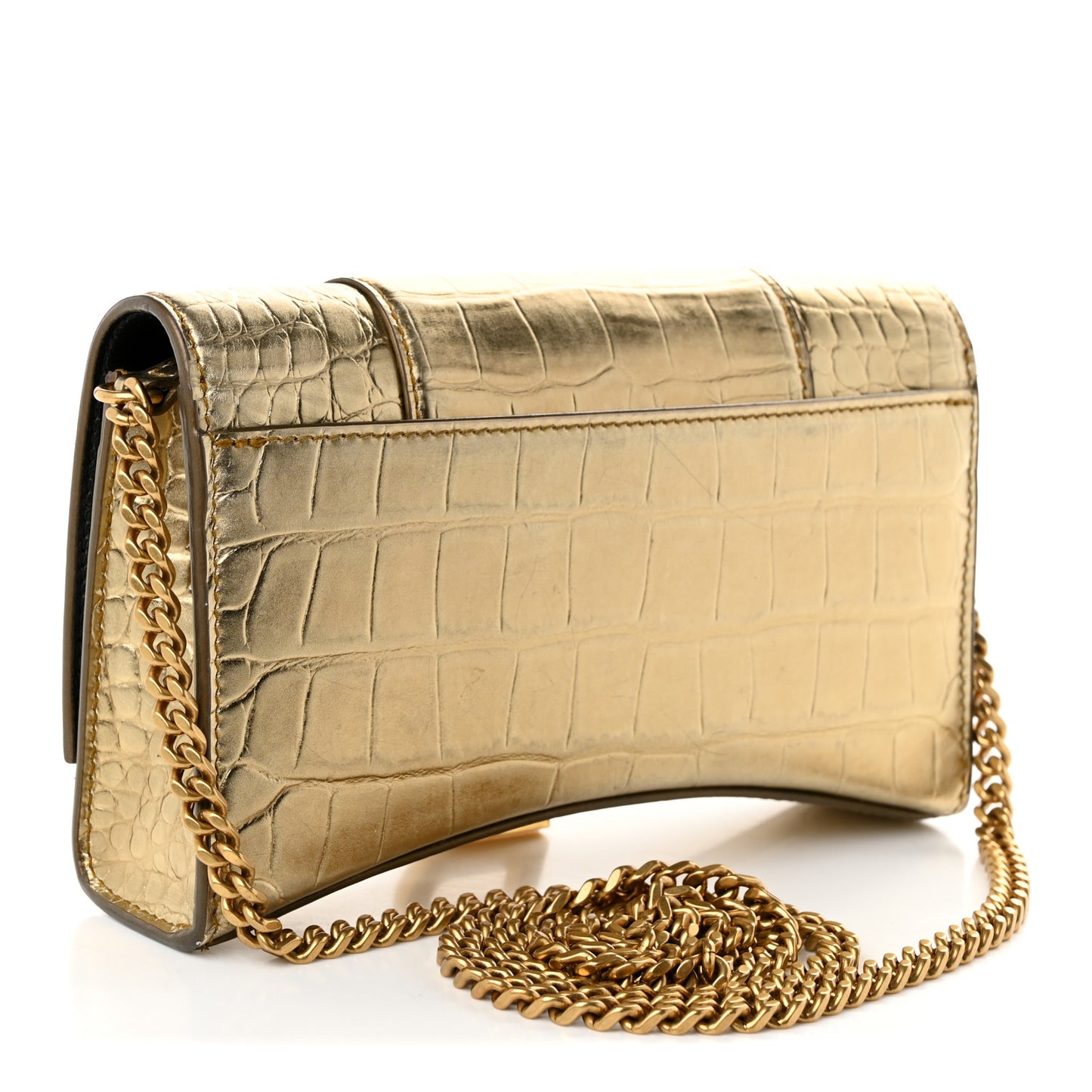 Metallic Calfskin Crocodile Embossed Hourglass Chain Bag Gold