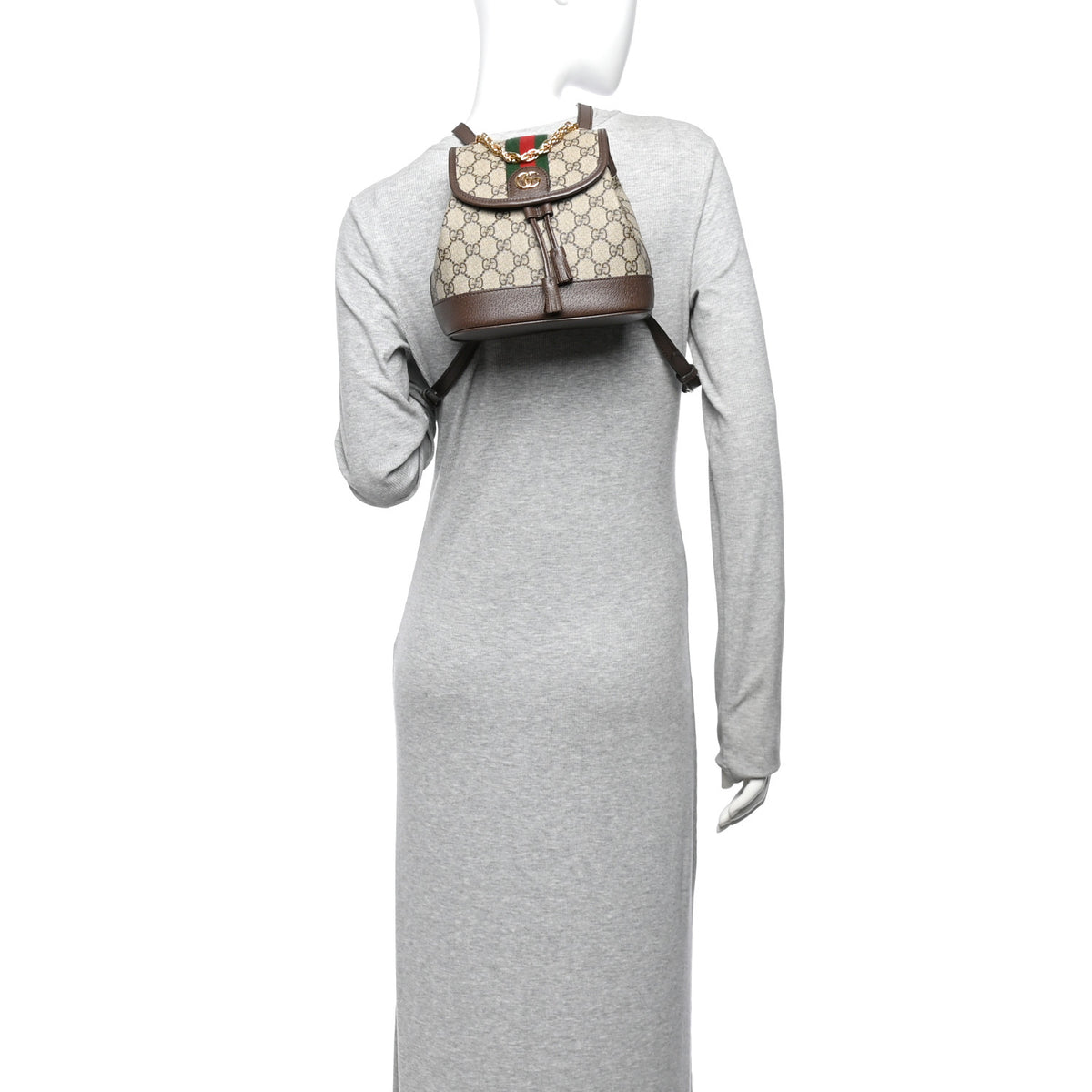 GG Supreme Monogram Textured Dollar Calfskin Web Mini Ophidia Chain Drawstring Backpack Beige Brown