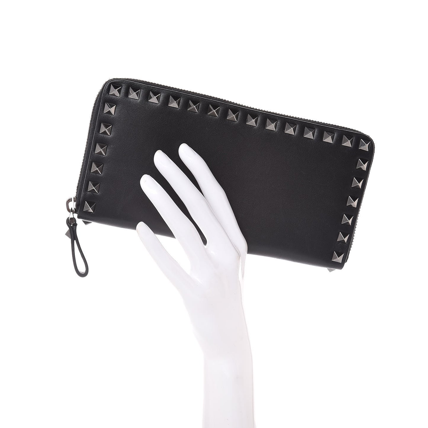 Calfskin Tonal Rockstud Zip Around Wallet Black