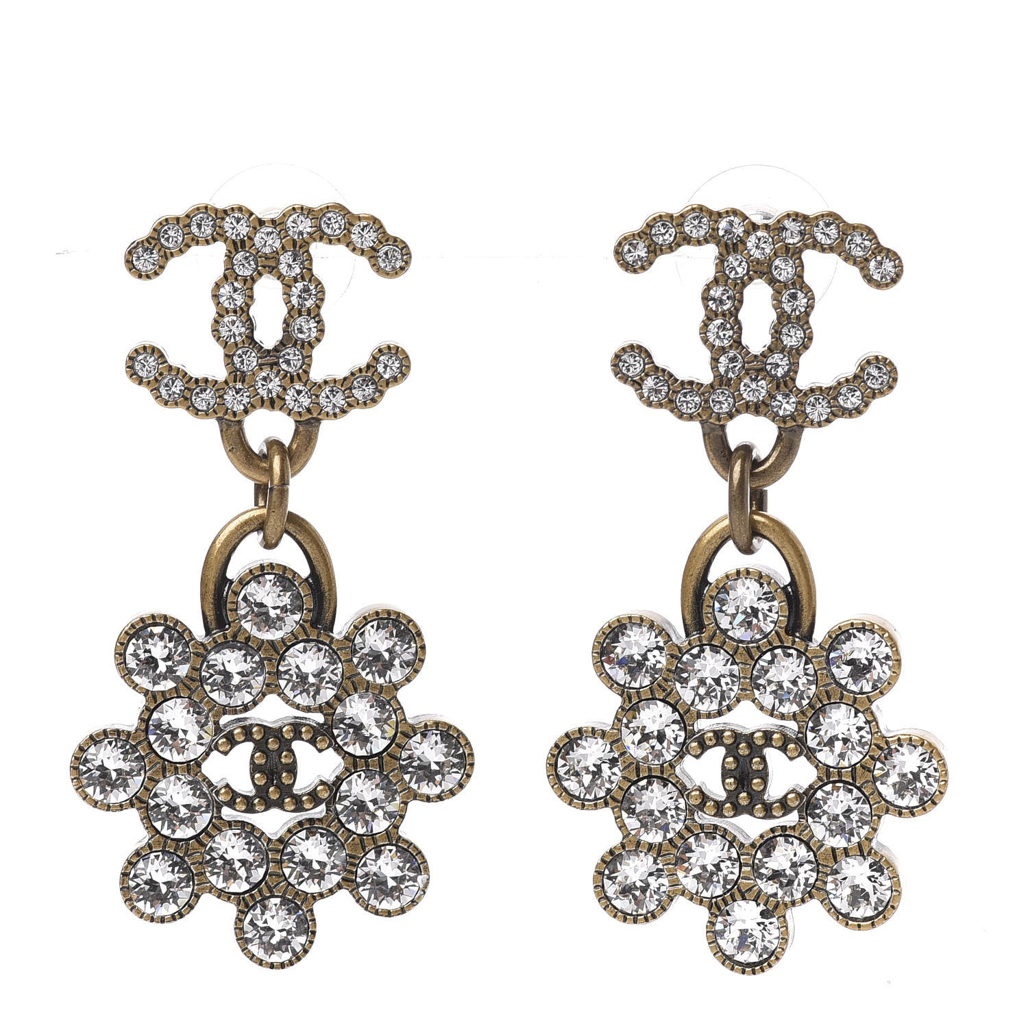 Chanel Crystal Strass CC City of Lights Cluster Dangle Earrings Gold 1 of 4