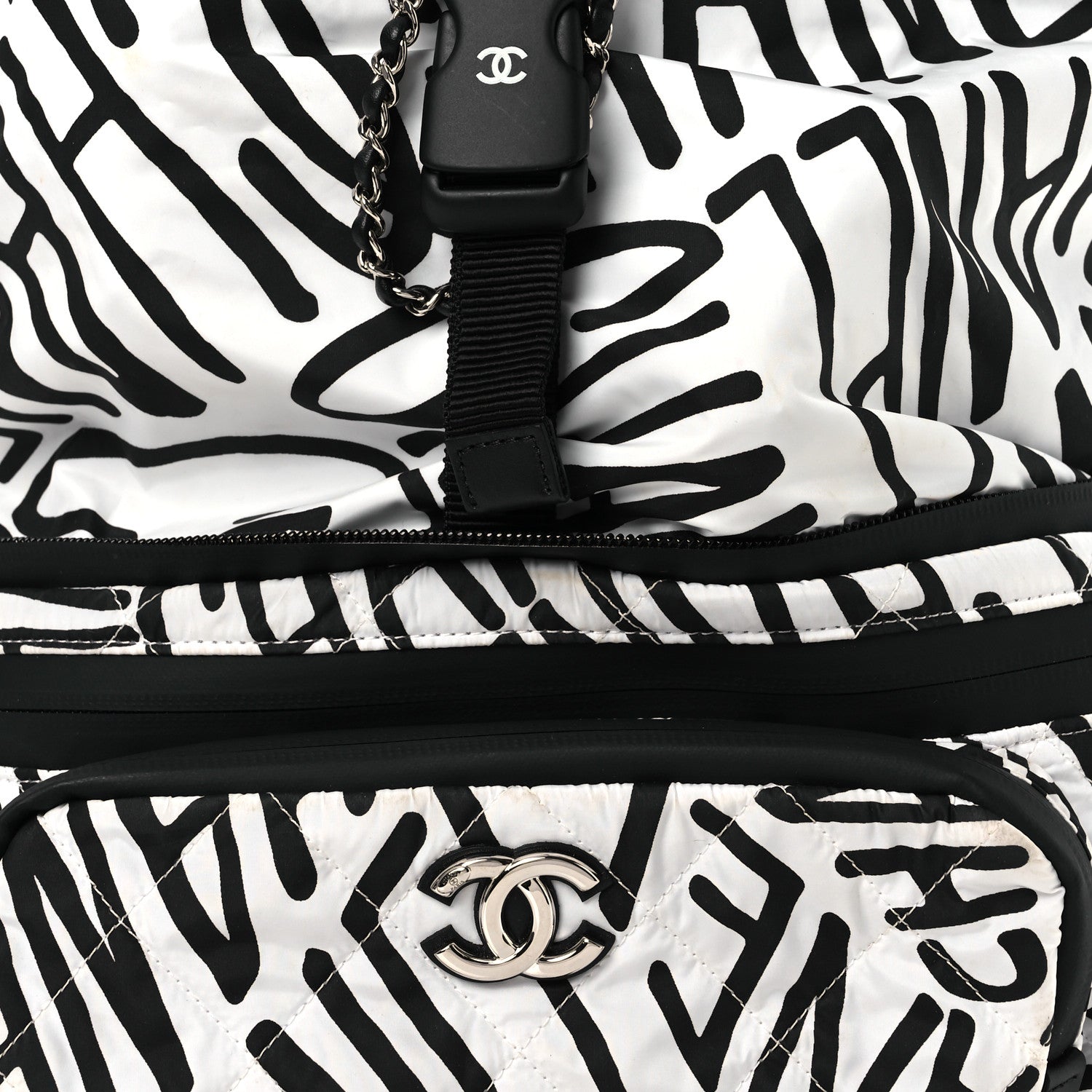 Chanel Nylon Printed Quilted Coco Neige Convertible Backpack Black White 10 of 18