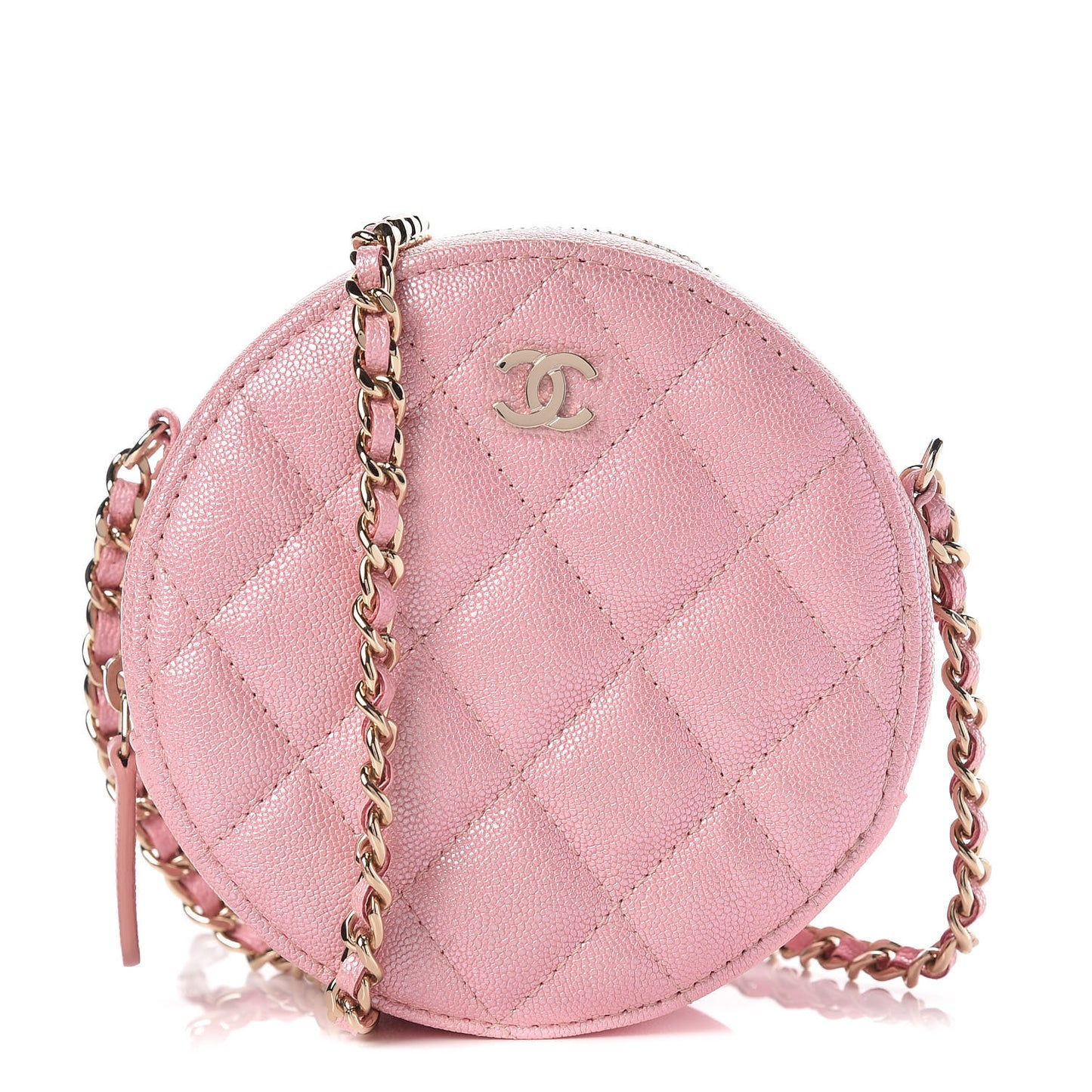 Iridescent Caviar Quilted Round Clutch With Chain Pink