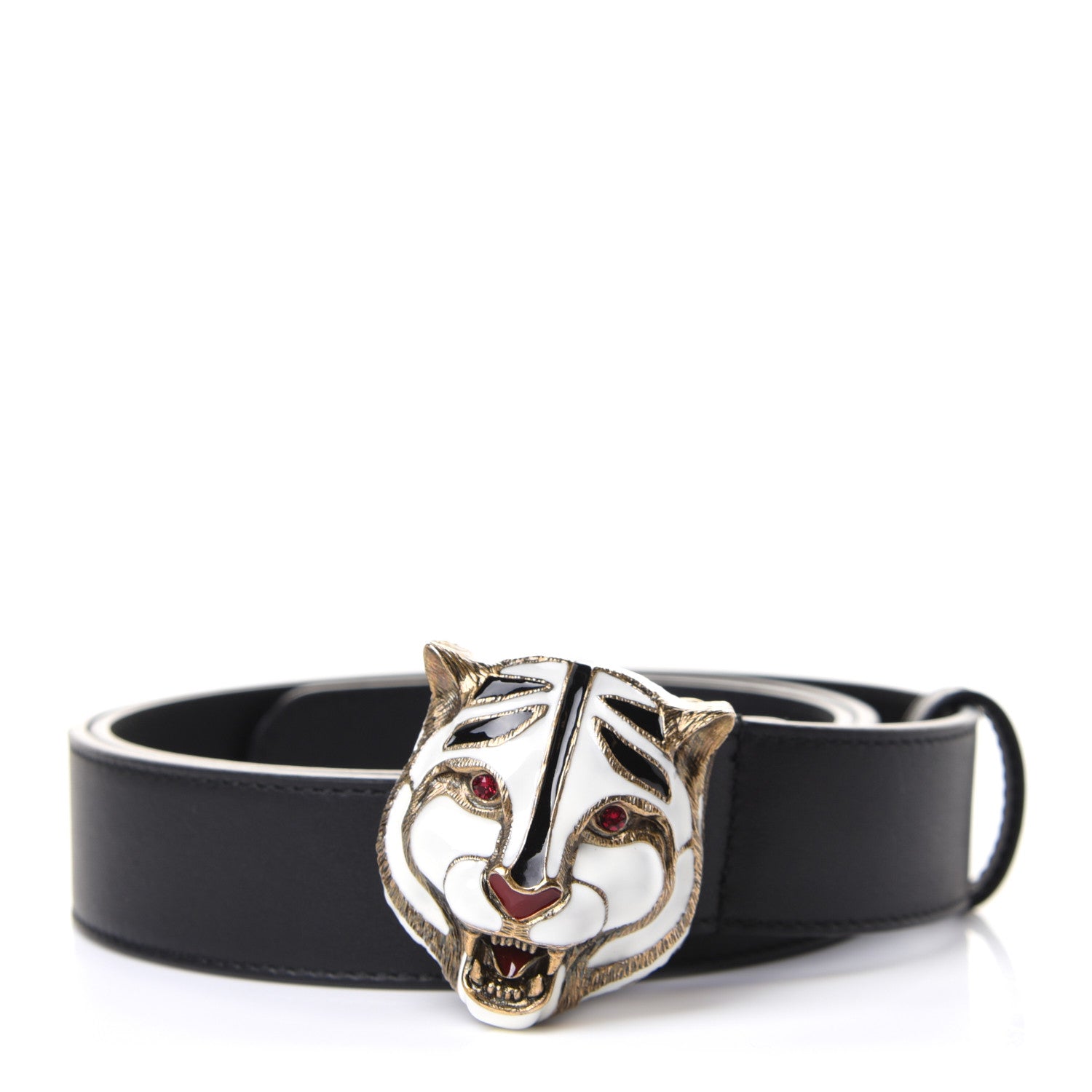 Gucci Calfskin Tiger Head Buckle Belt 90 36 Black 1 of 5