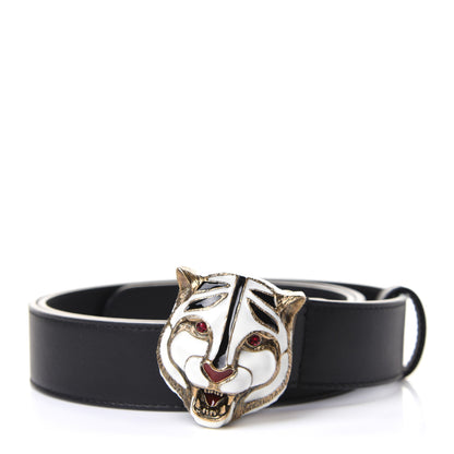 Gucci Calfskin Tiger Head Buckle Belt 90 36 Black 1 of 5
