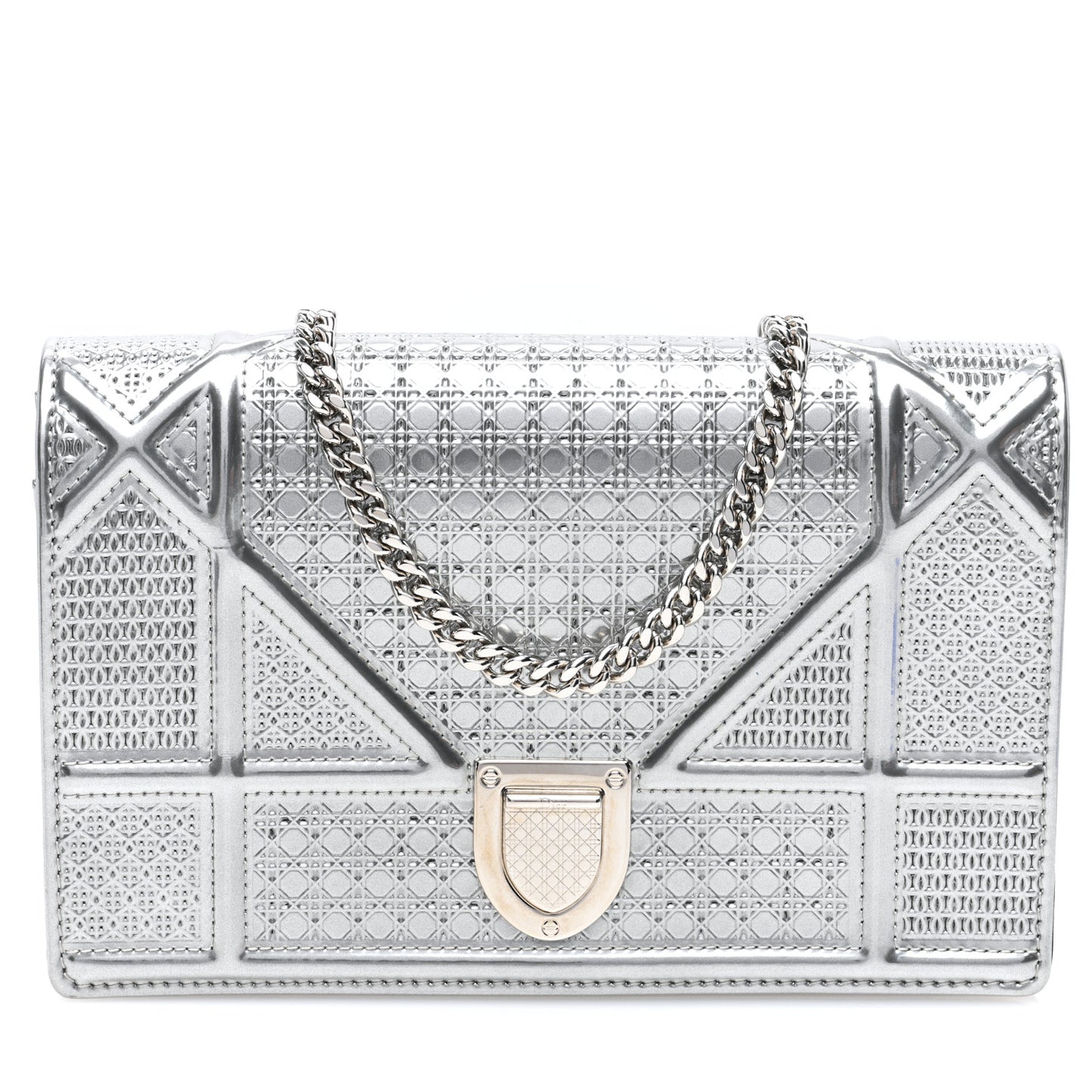 Metallic Patent Micro-Cannage Diorama Wallet on Chain Pouch Silver