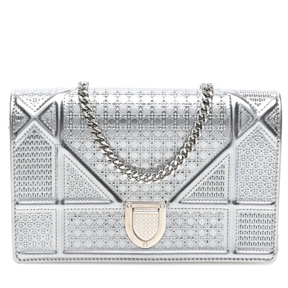 Christian Dior Metallic Patent Micro-Cannage Diorama Wallet on Chain Pouch Silver 1 of 8