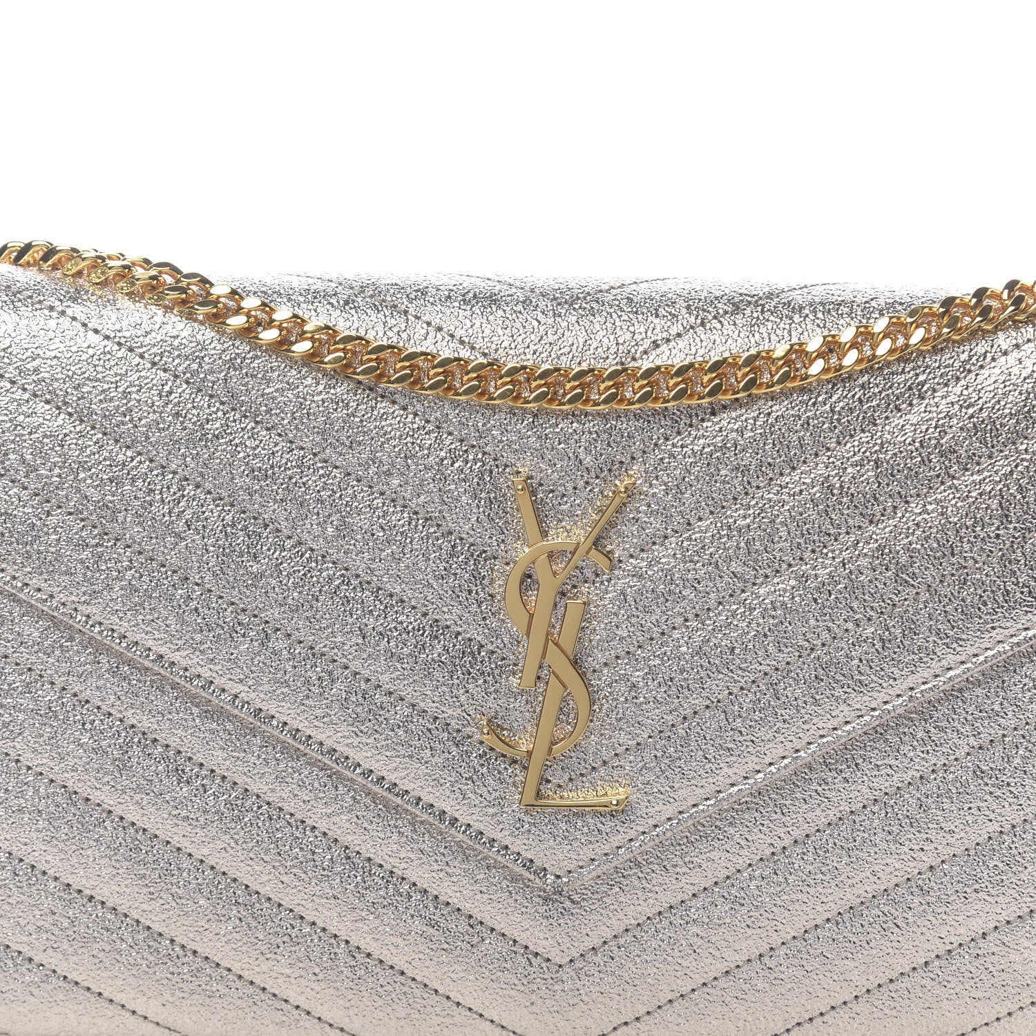 Saint Laurent Metallic Crackled Calfskin Matelasse Chevron Monogram Chain Wallet Platine 10 of 10