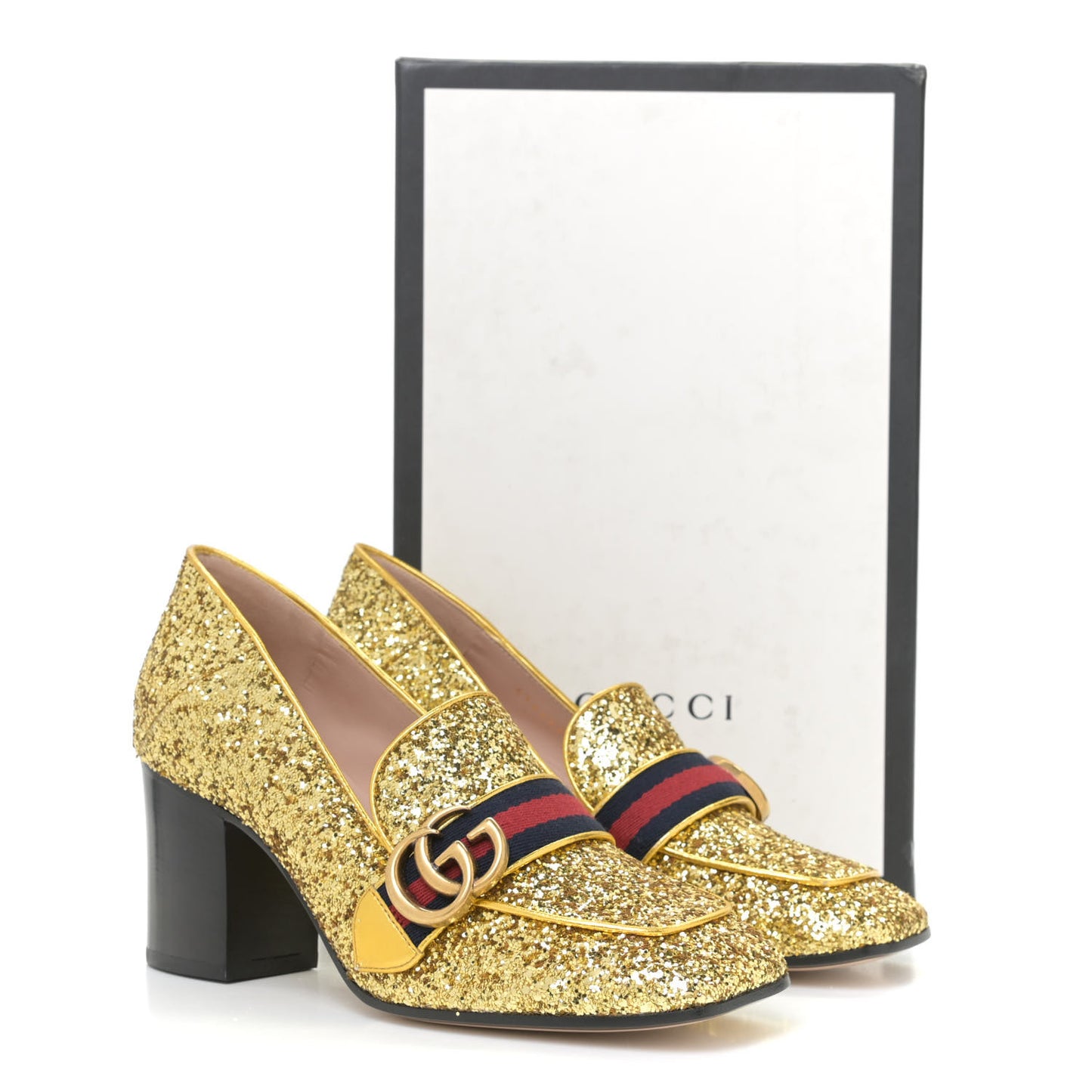 Glitter Nappa Web Peyton 75mm Loafer Pumps 37.5 Oro Vecchio