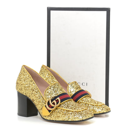 Gucci Glitter Nappa Web Peyton 75mm Loafer Pumps 37.5 Oro Vecchio 13 of 13