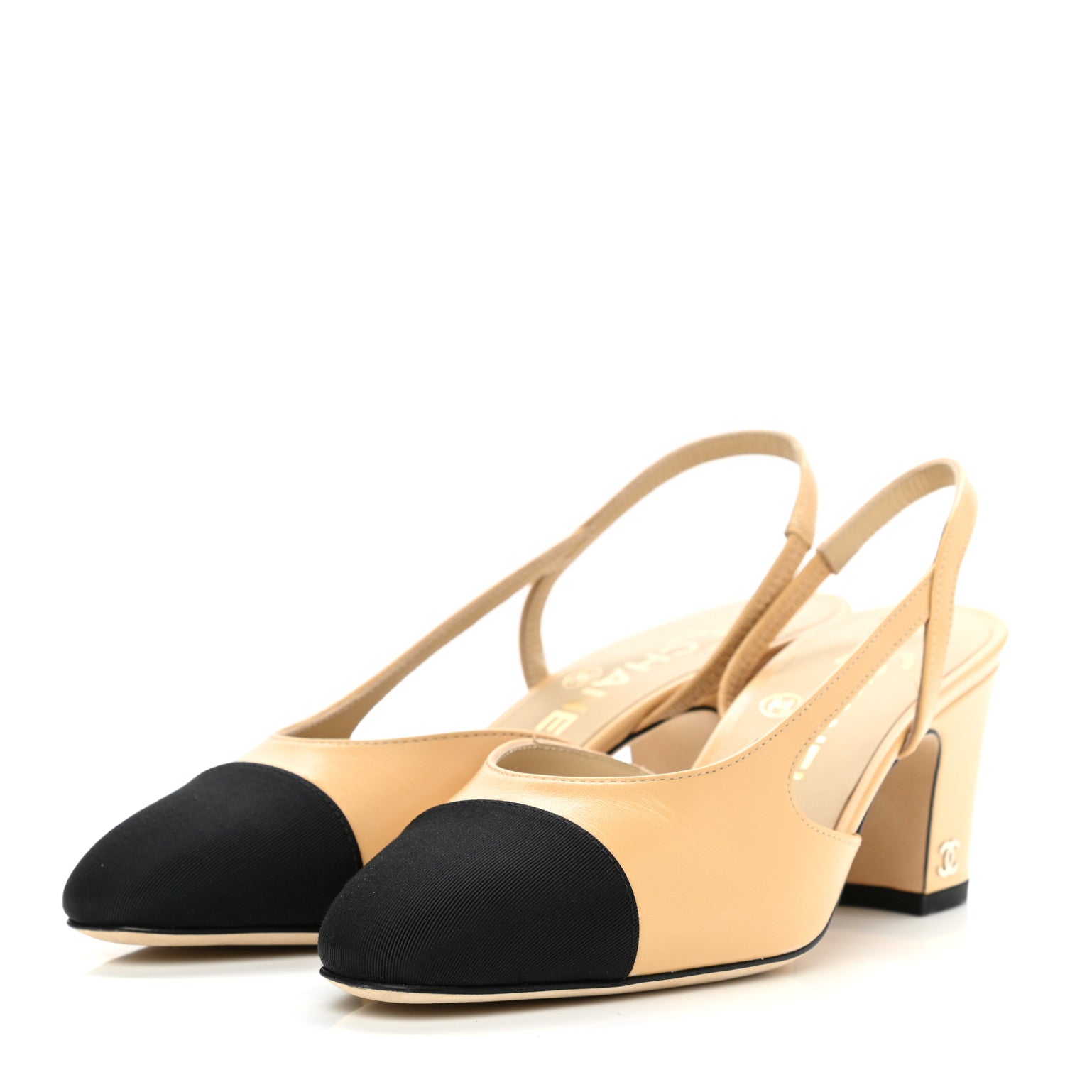 Chanel Goatskin Grosgrain Cap Toe CC Slingback Pumps 35 Beige Black 3 of 9