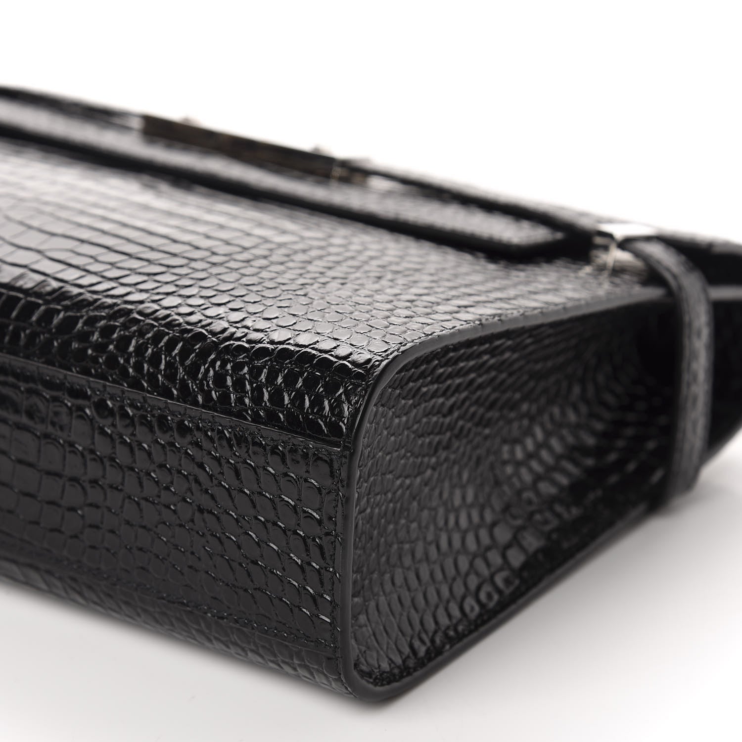 Saint Laurent Shiny Calfskin Crocodile Embossed Manhattan Baguette Black 7 of 10
