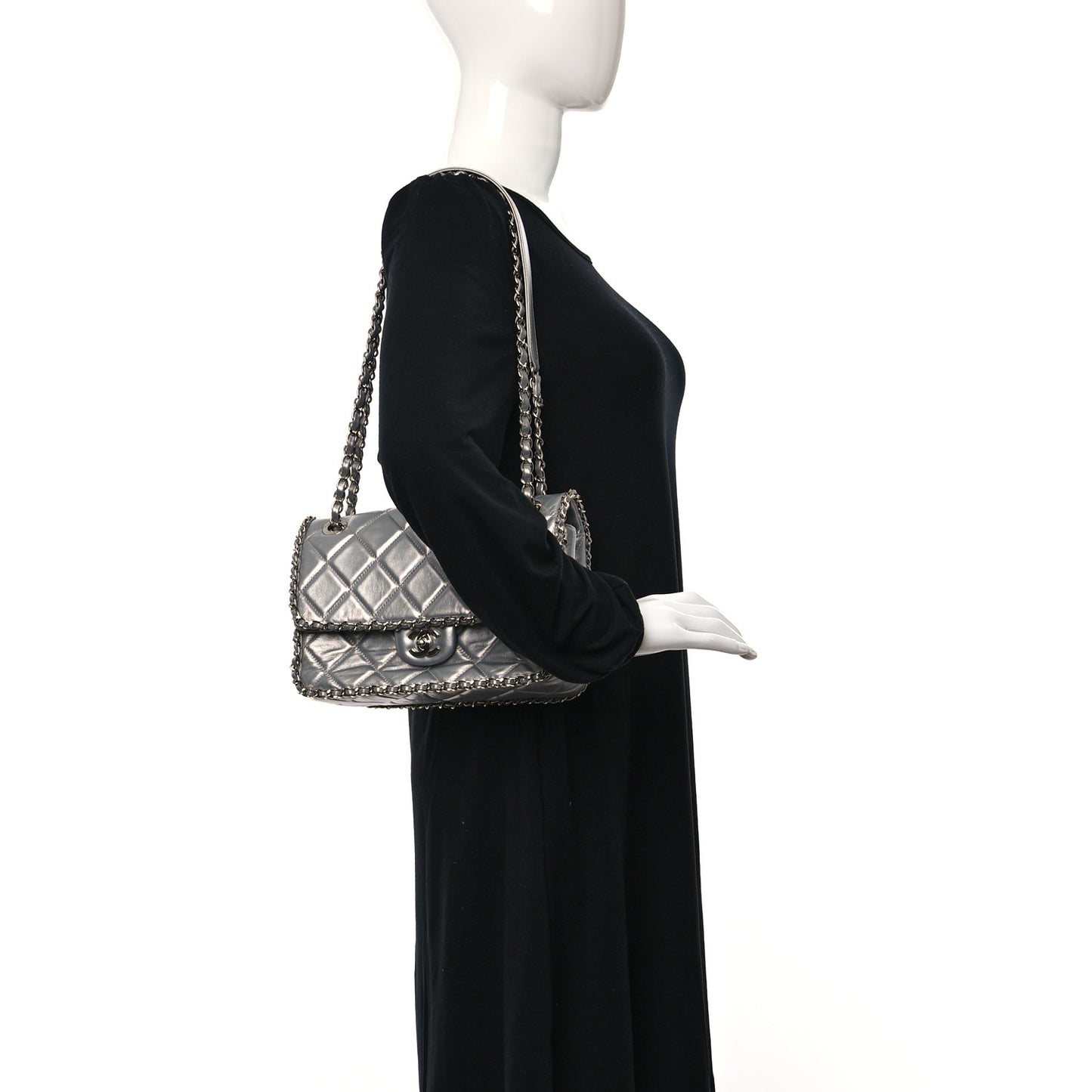 Metallic Lambskin Medium Chain All Over Flap Silver