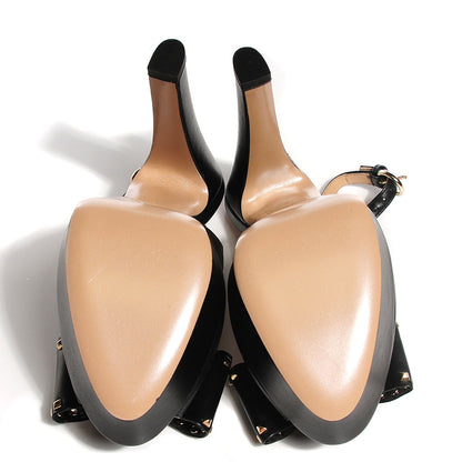 Valentino Garavani Calfskin Rockstud Bow Slingback Platform Pumps 37 Black 5 of 8