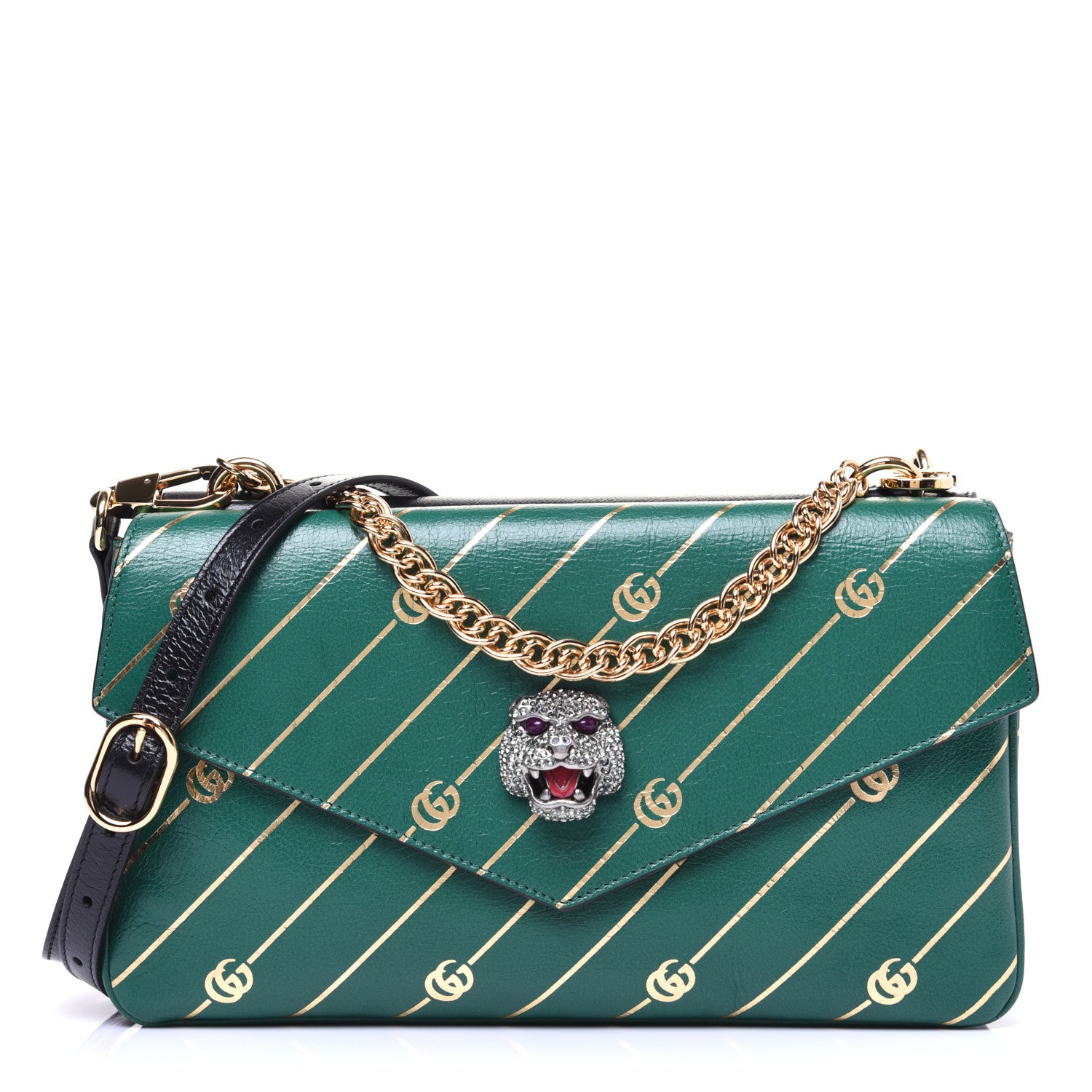 Gucci Calfskin Diagonal GG Medium Thiara Double Envelope Shoulder Bag Emerald Green Black 2 of 18