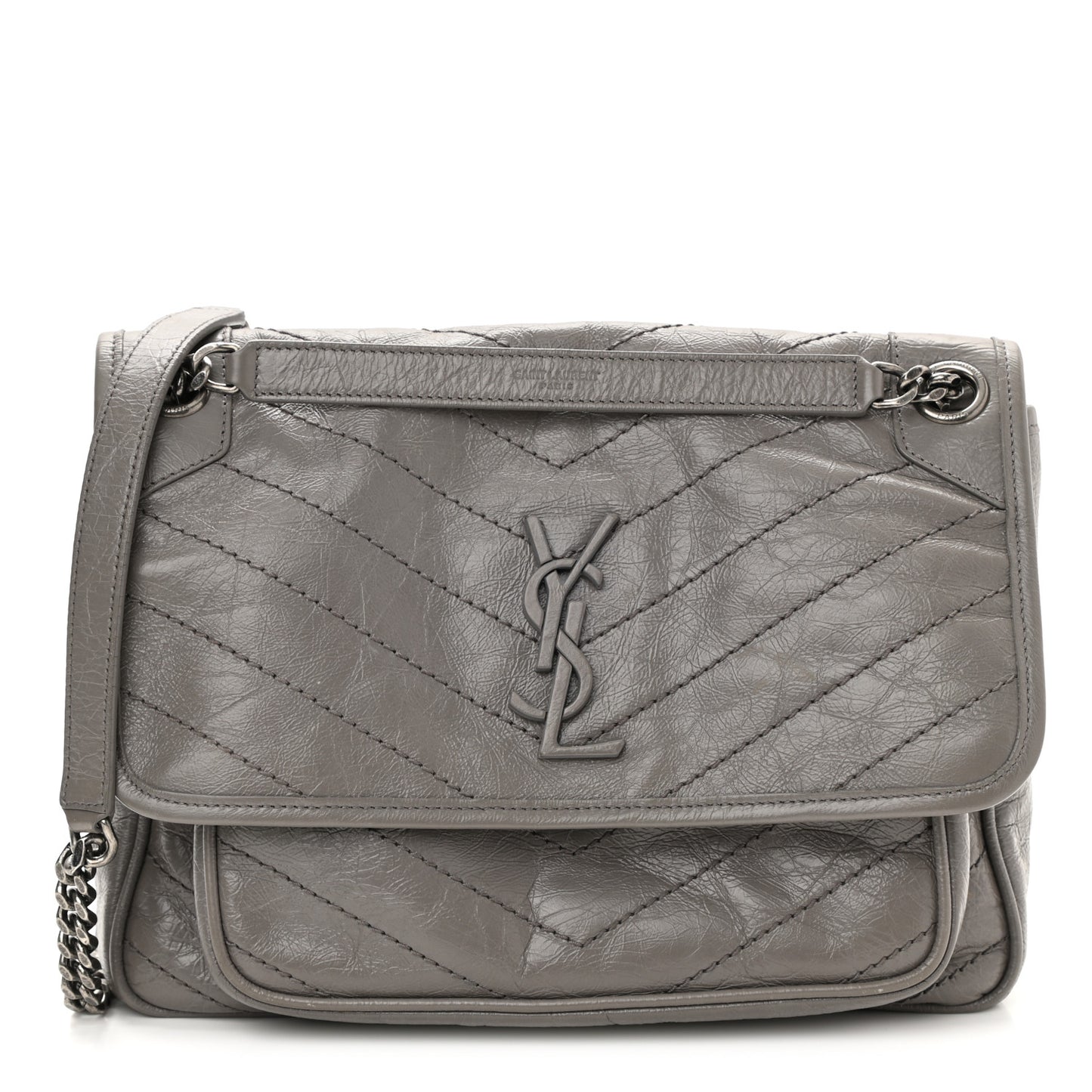 Crinkled Calfskin Matelasse Monogram Medium Niki Chain Satchel Fog