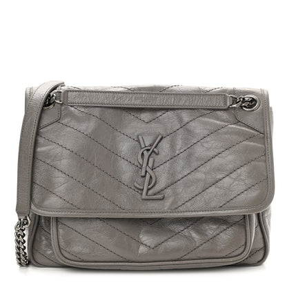 Saint Laurent Crinkled Calfskin Matelasse Monogram Medium Niki Chain Satchel Fog 1 of 9