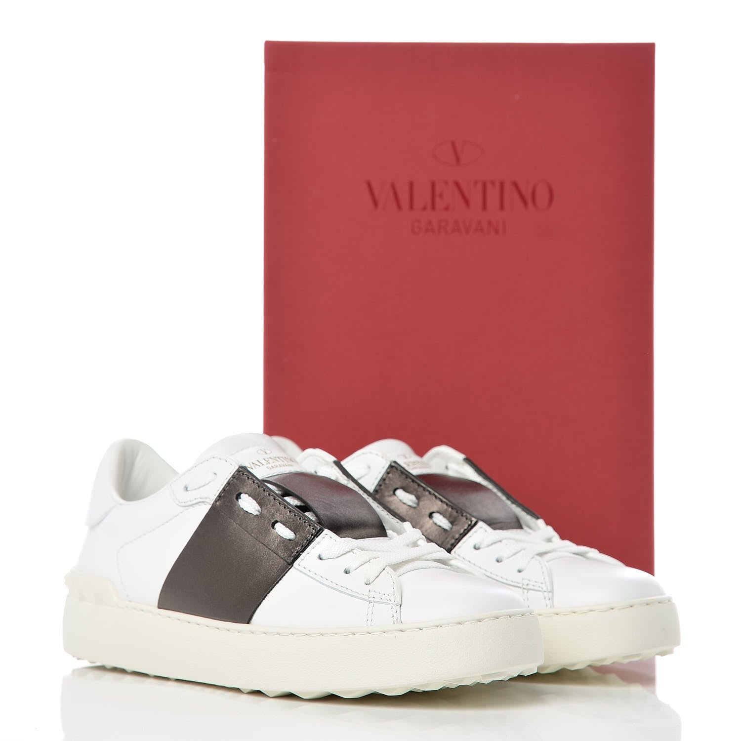 Valentino Garavani Calfskin Rockstud Open Sneakers 36.5 White Pewter 8 of 8