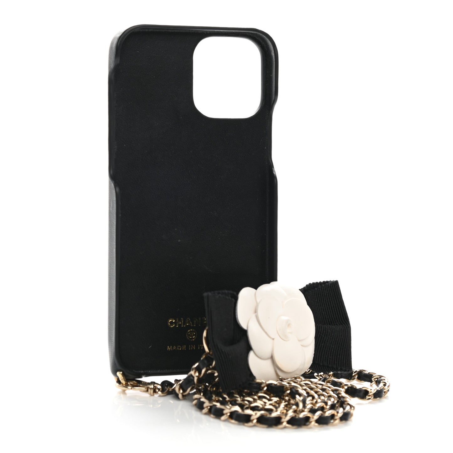 Lambskin Quilted Camellia Bow iPhone XII Pro Holder With Chain Black